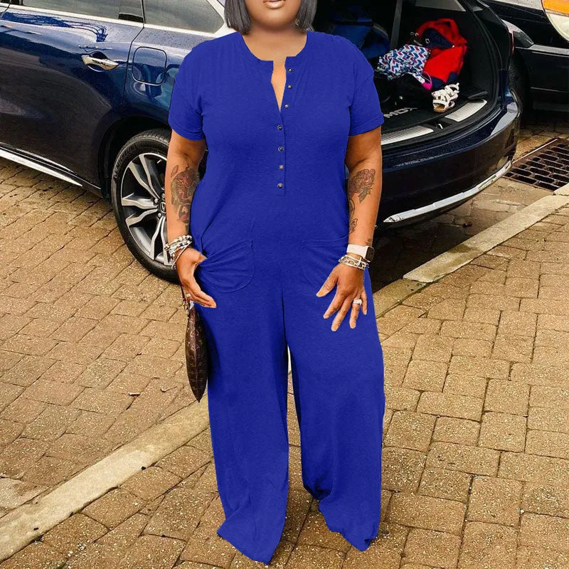 Solid Short Sleeve Loose Jumpsuit