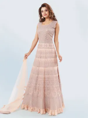 Splendid Mirror Work and Embroidered Peach Gown Paired with Net Dupatta