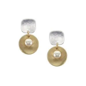 Square with Disc and Pearl Post Earring