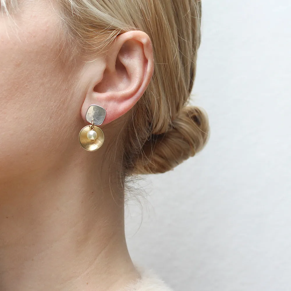 Square with Disc and Pearl Post Earring