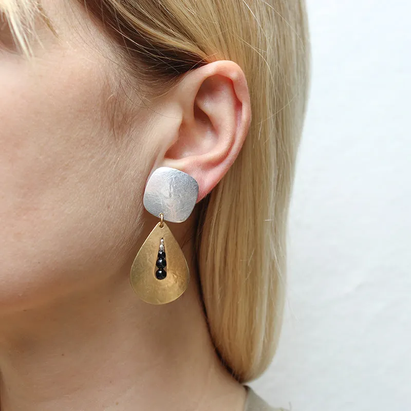 Square with Teardrop and Black Beads Clip or Post Earring