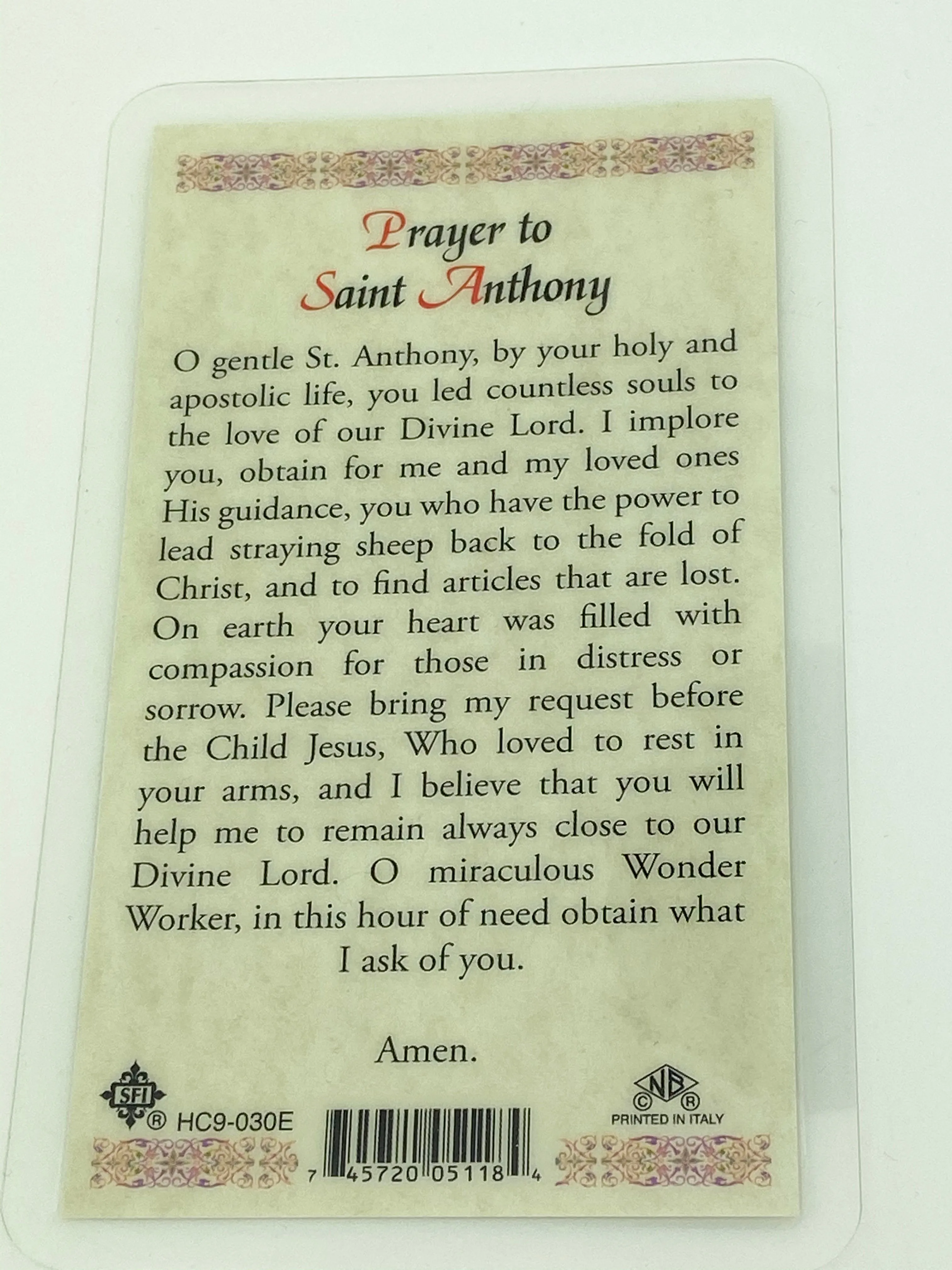 St. Anthony Laminated Holy Card (Plastic Covered)