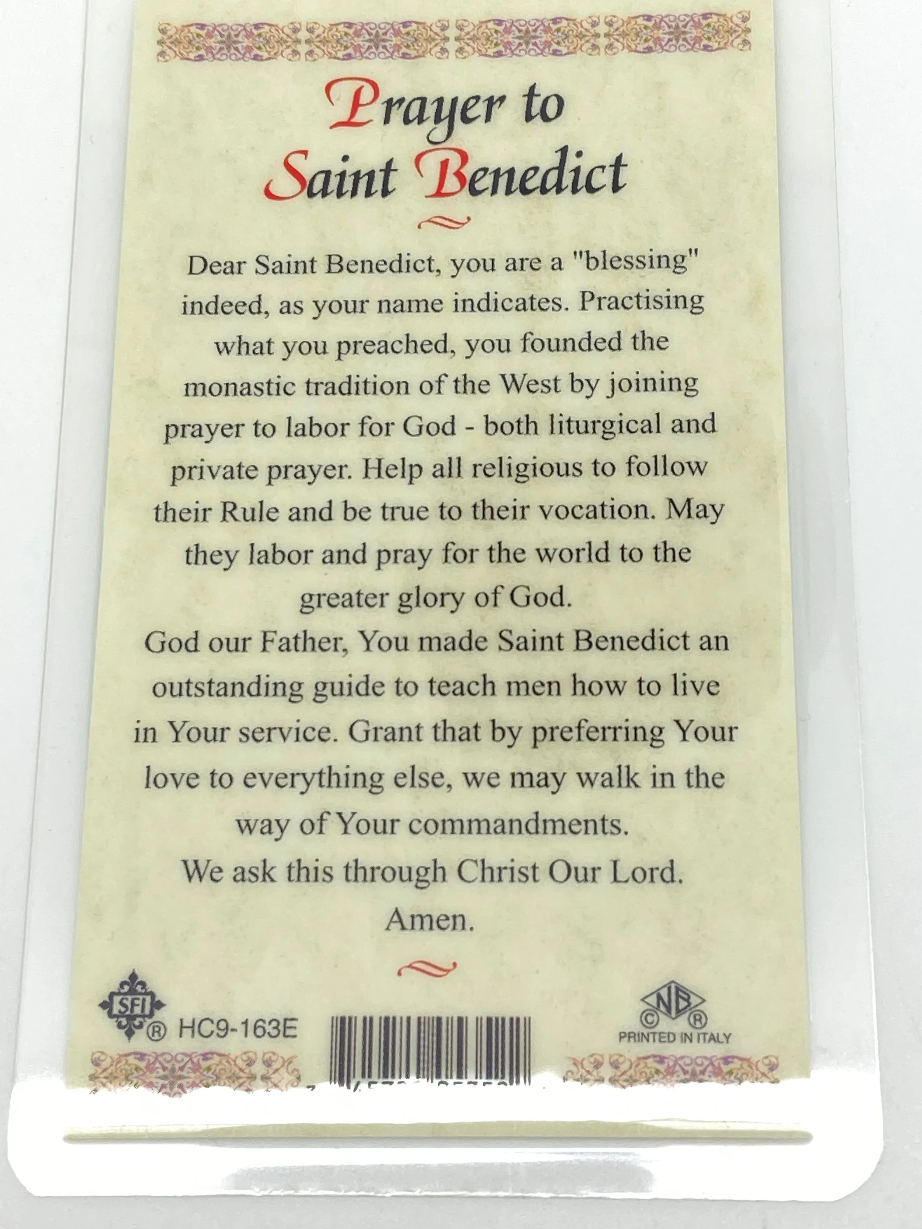 St. Benedict Laminated Holy Card (Plastic Covered)