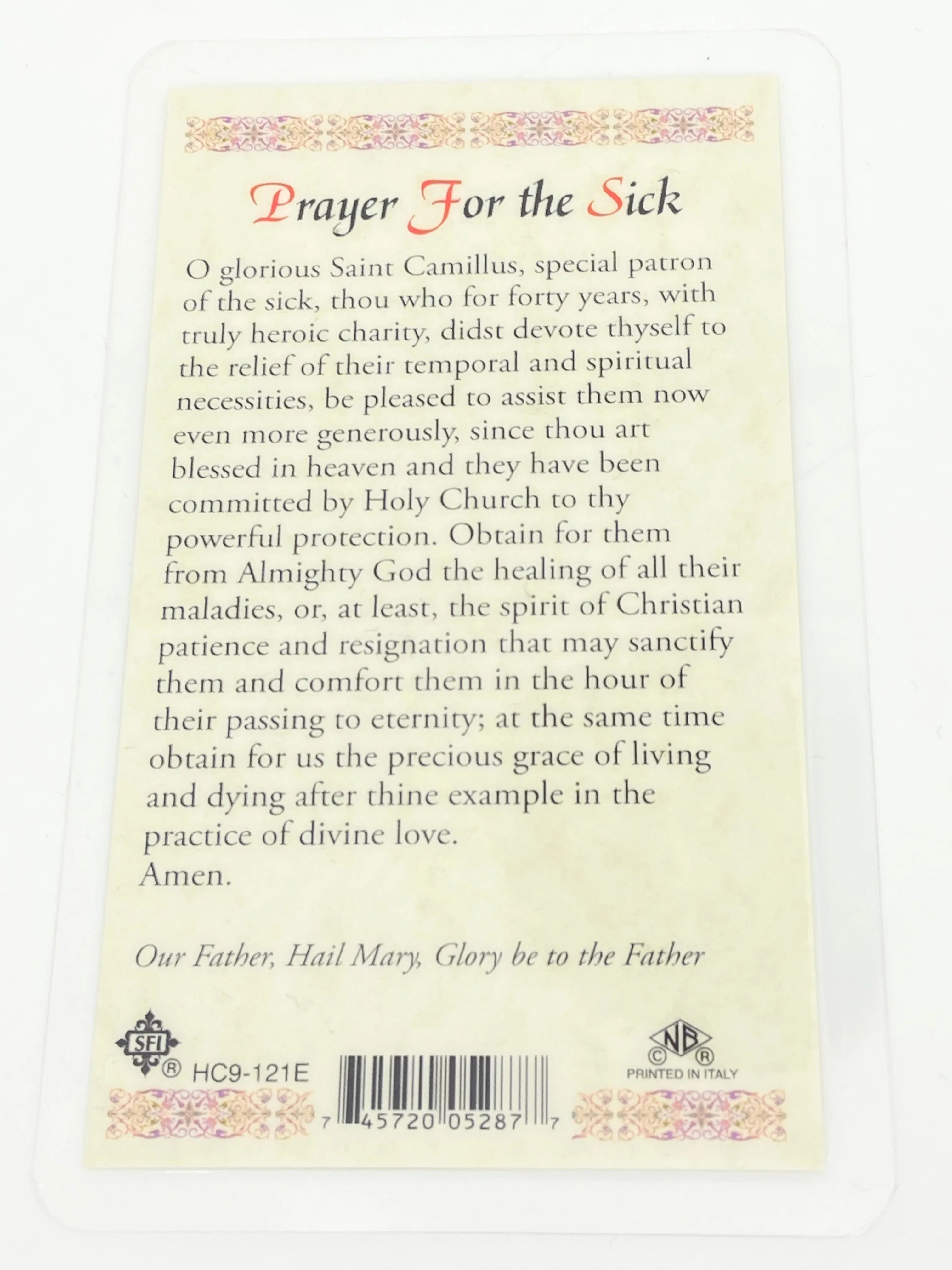 St. Camillus Laminated Holy Card (Plastic Covered)