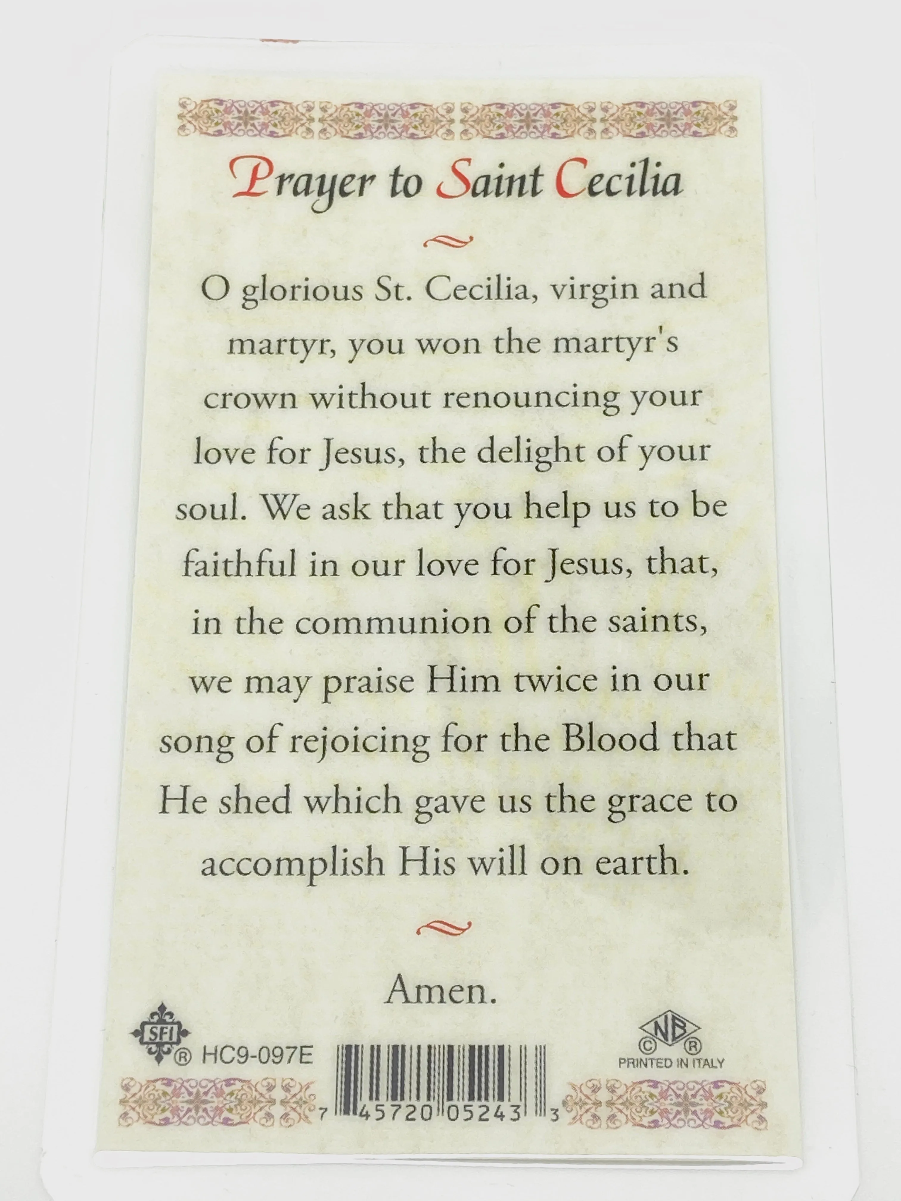 St. Cecilia Laminated Holy Card (Plastic Covered)