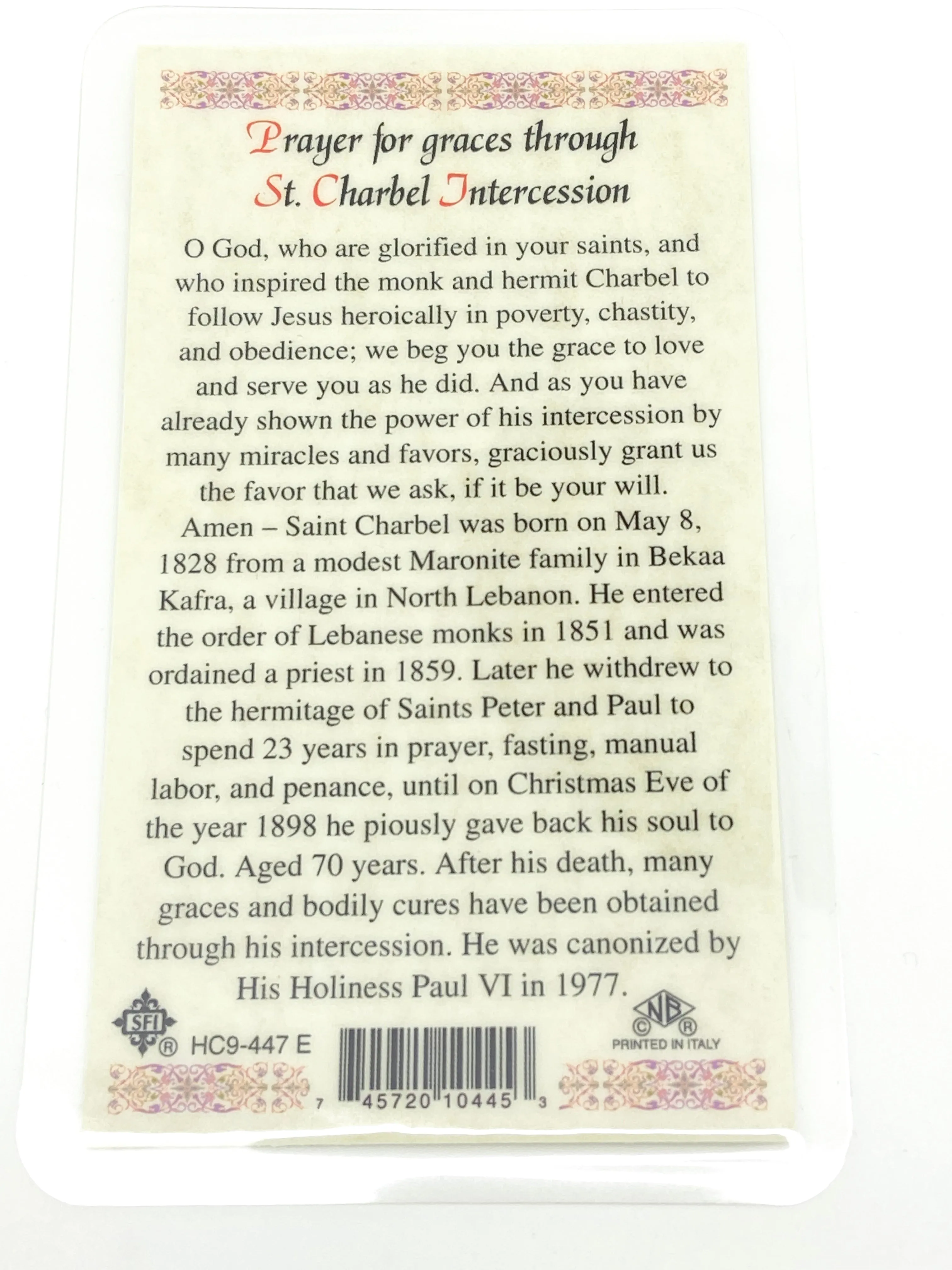 St. Charbel Laminated Holy Card (Plastic Covered)