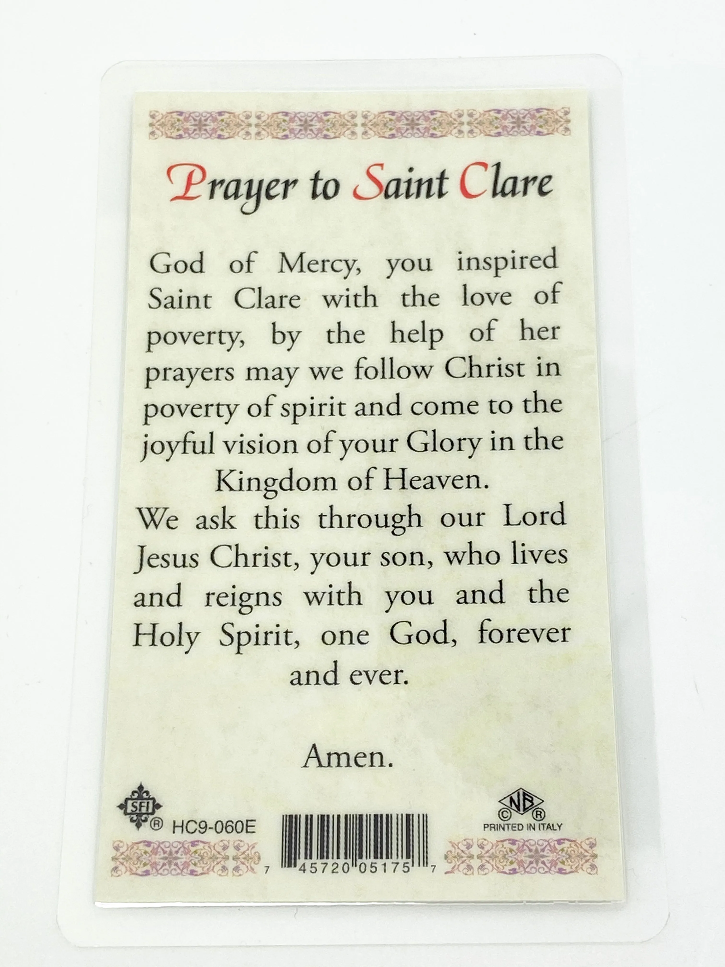 St. Clare Laminated Holy Card (Plastic Covered)