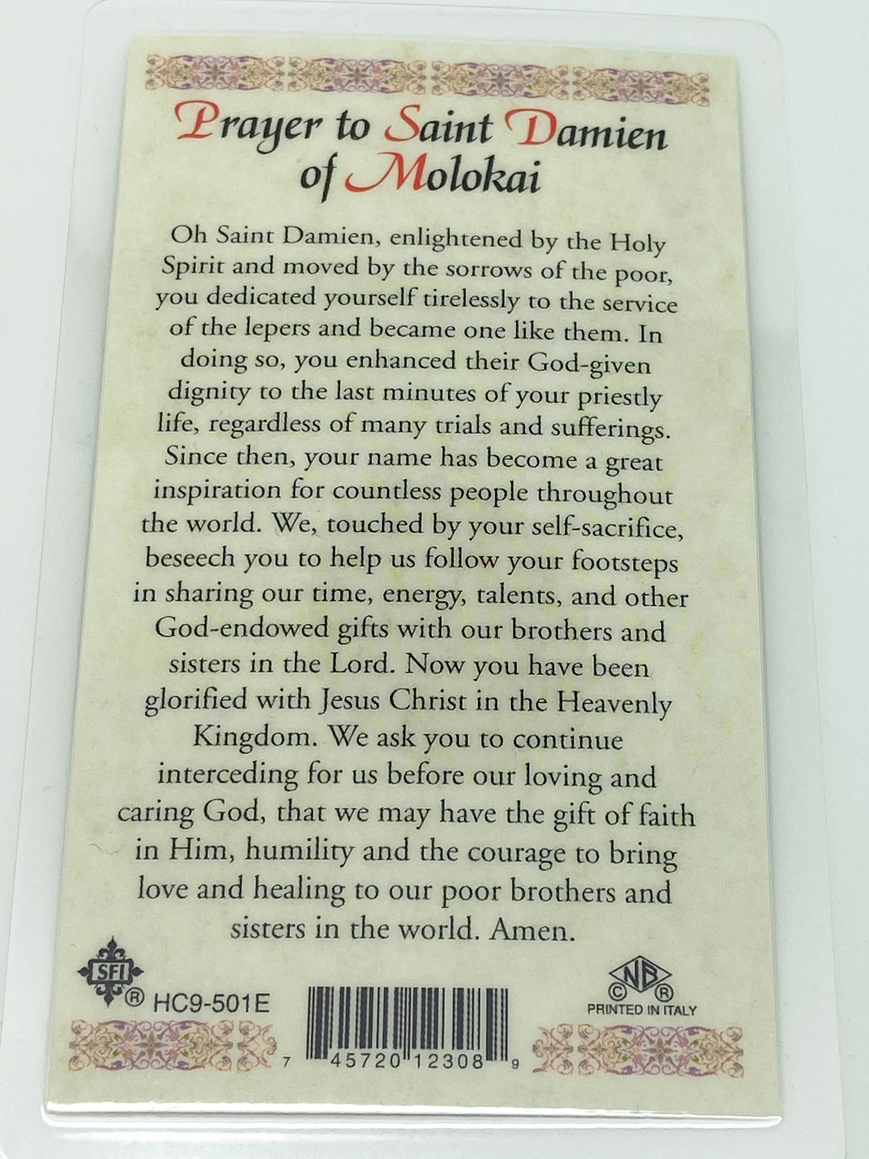 St. Damien Laminated Holy Card (Plastic Covered)