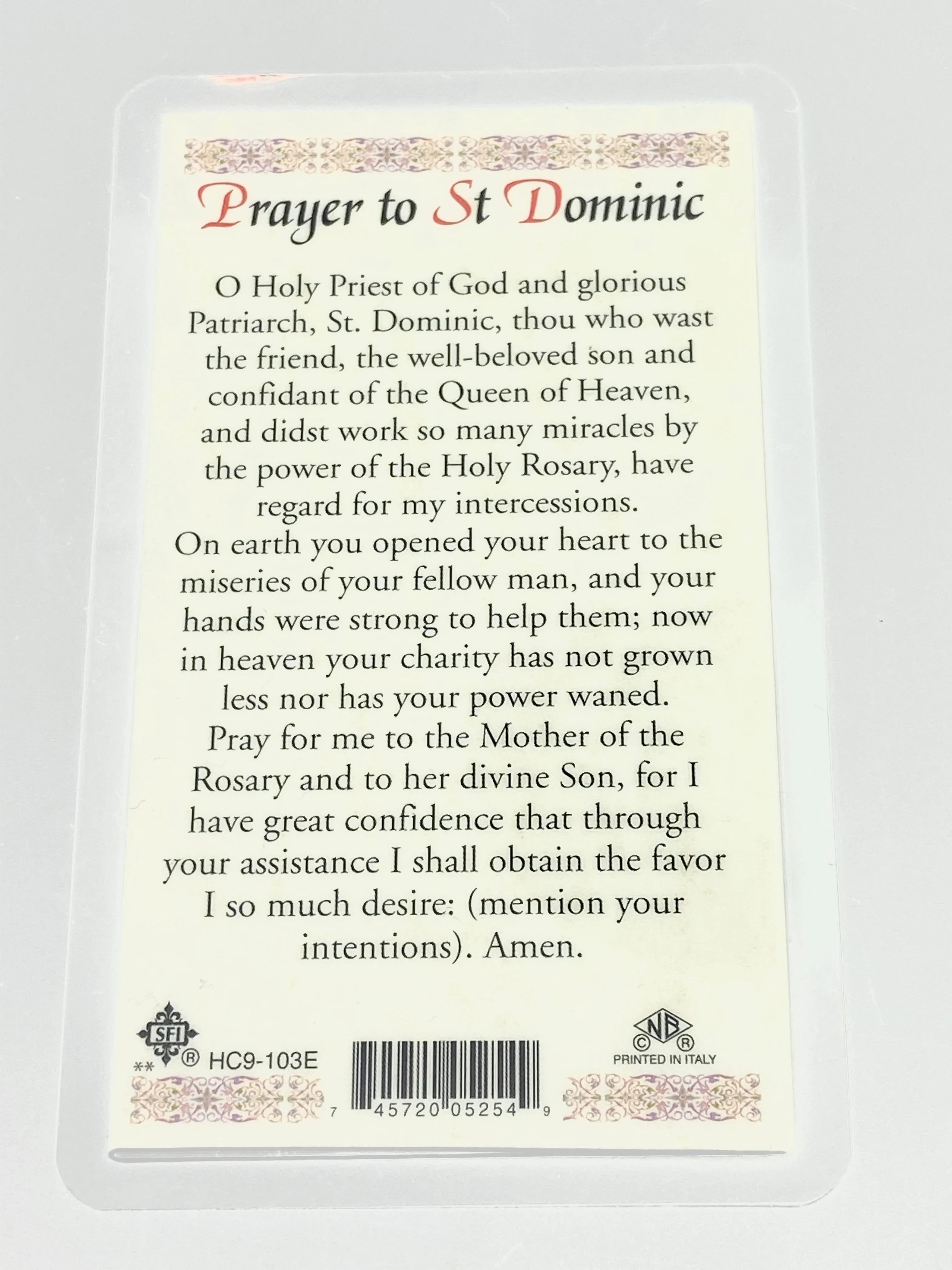 St. Dominic Laminated Holy Card (Plastic Covered)
