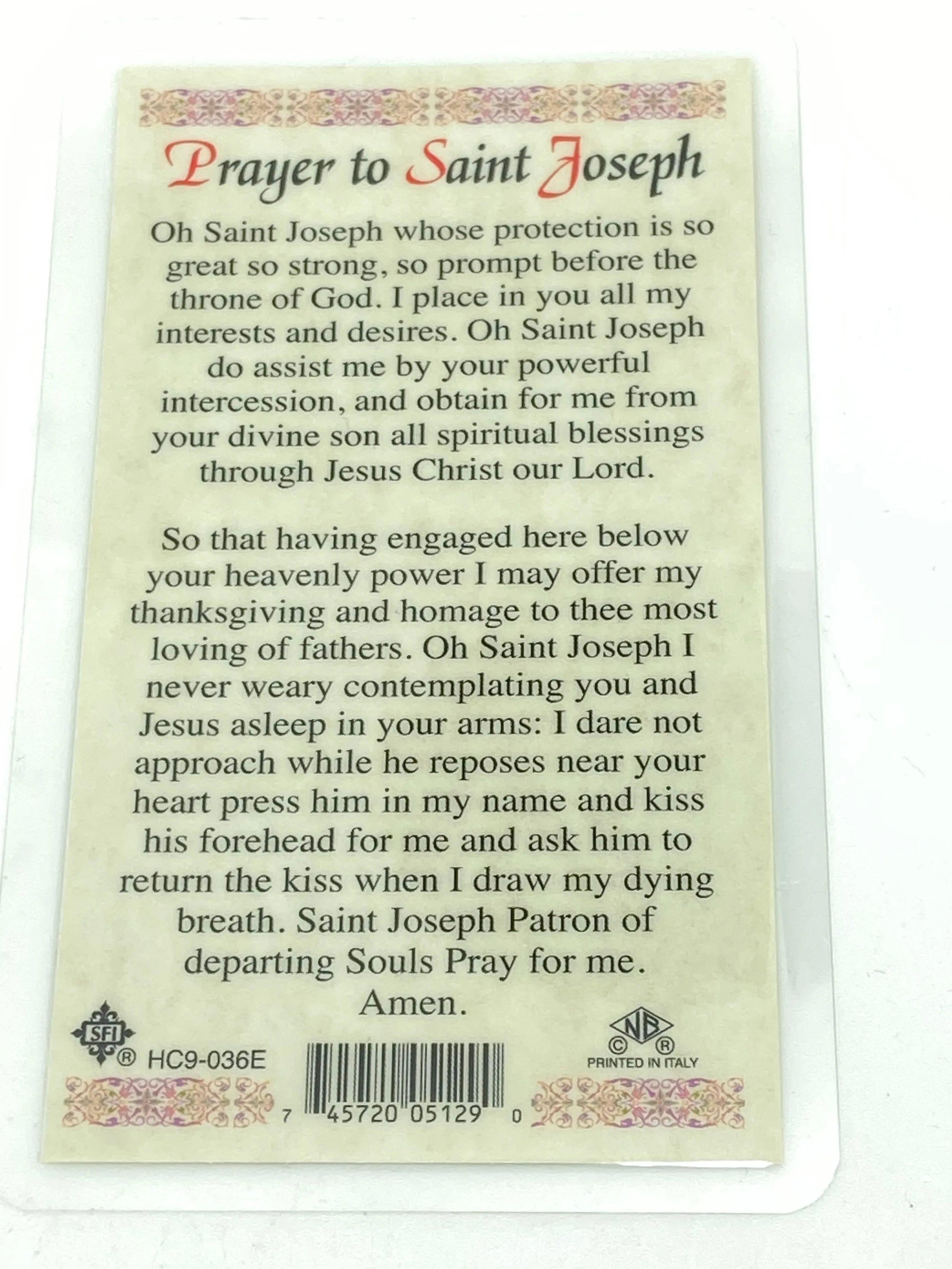 St. Joseph Laminated Holy Card (Plastic Covered)