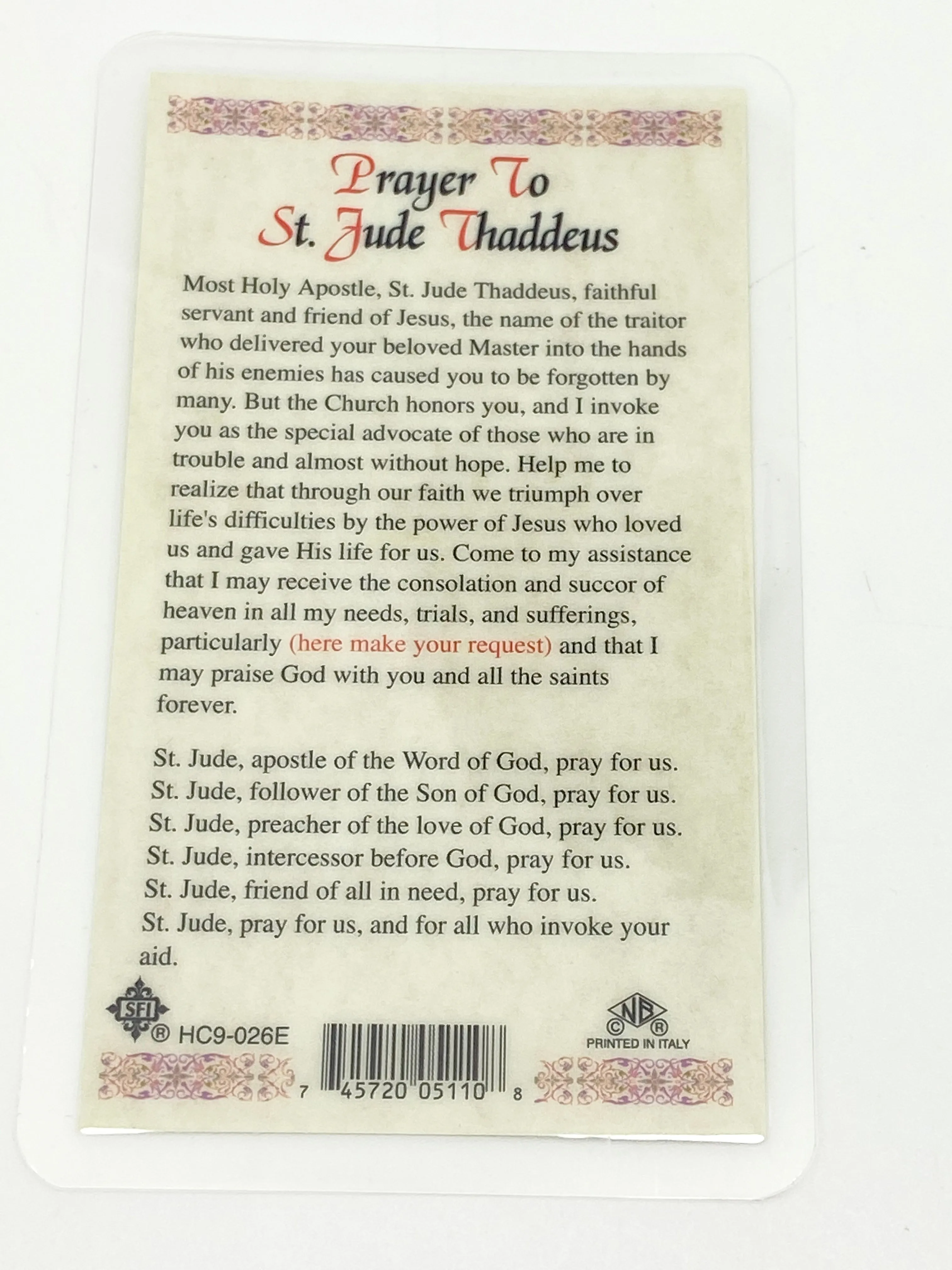 St. Jude Laminated Holy Card (Plastic Covered)