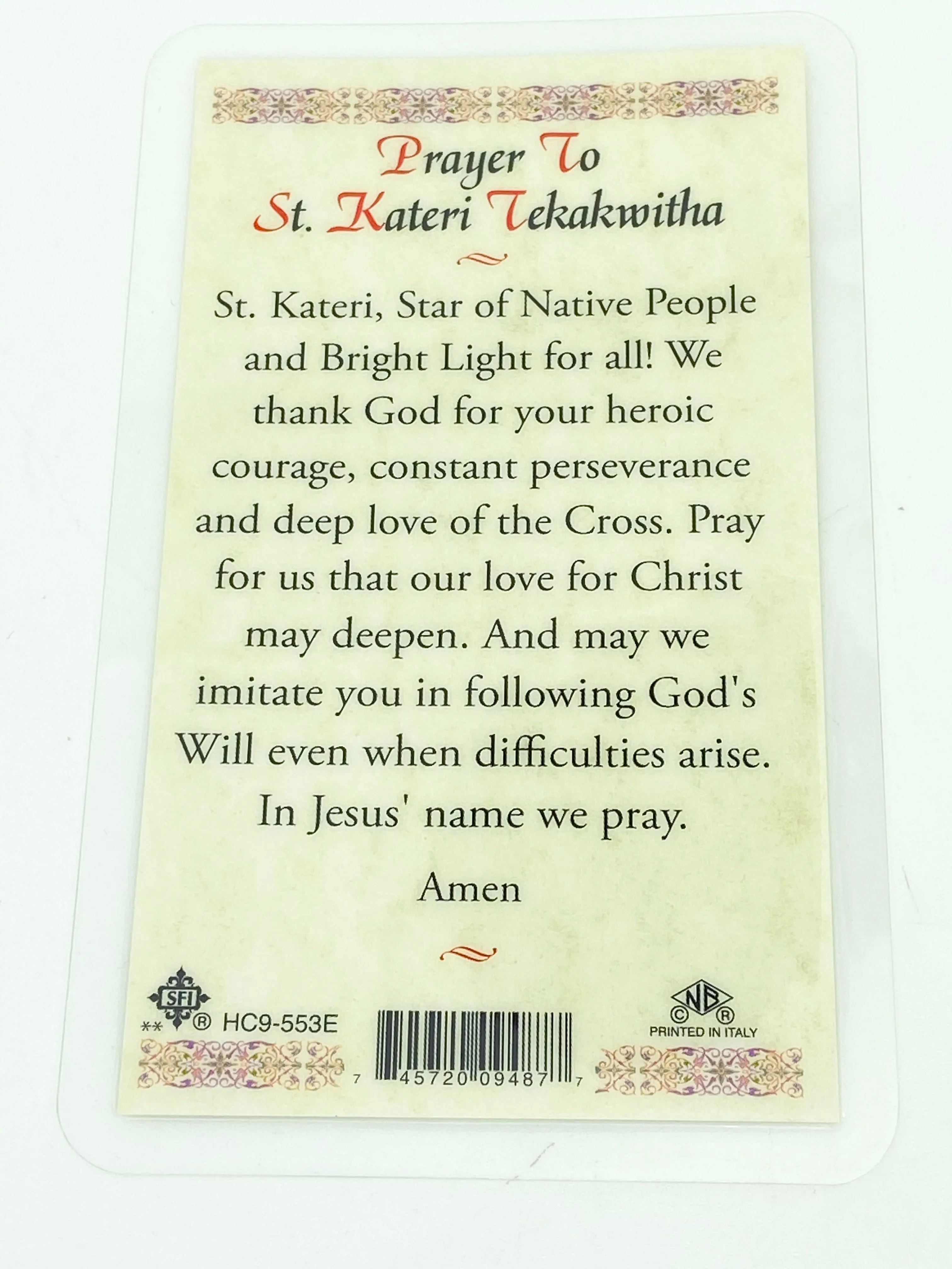 St. Kateri Tekakwitha Laminated Holy Card (Plastic Covered)