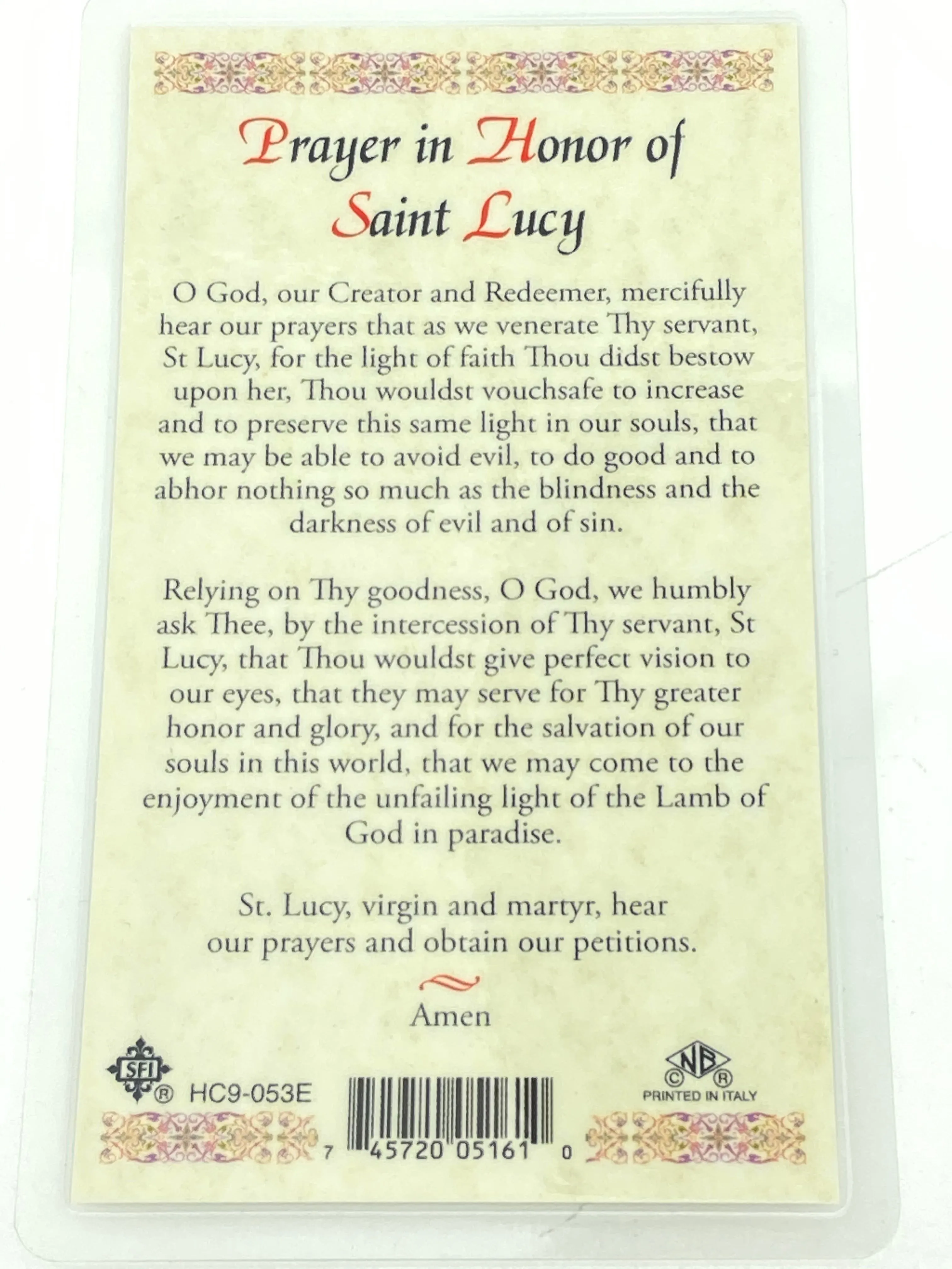 St. Lucy Laminated Holy Card (Plastic Covered)