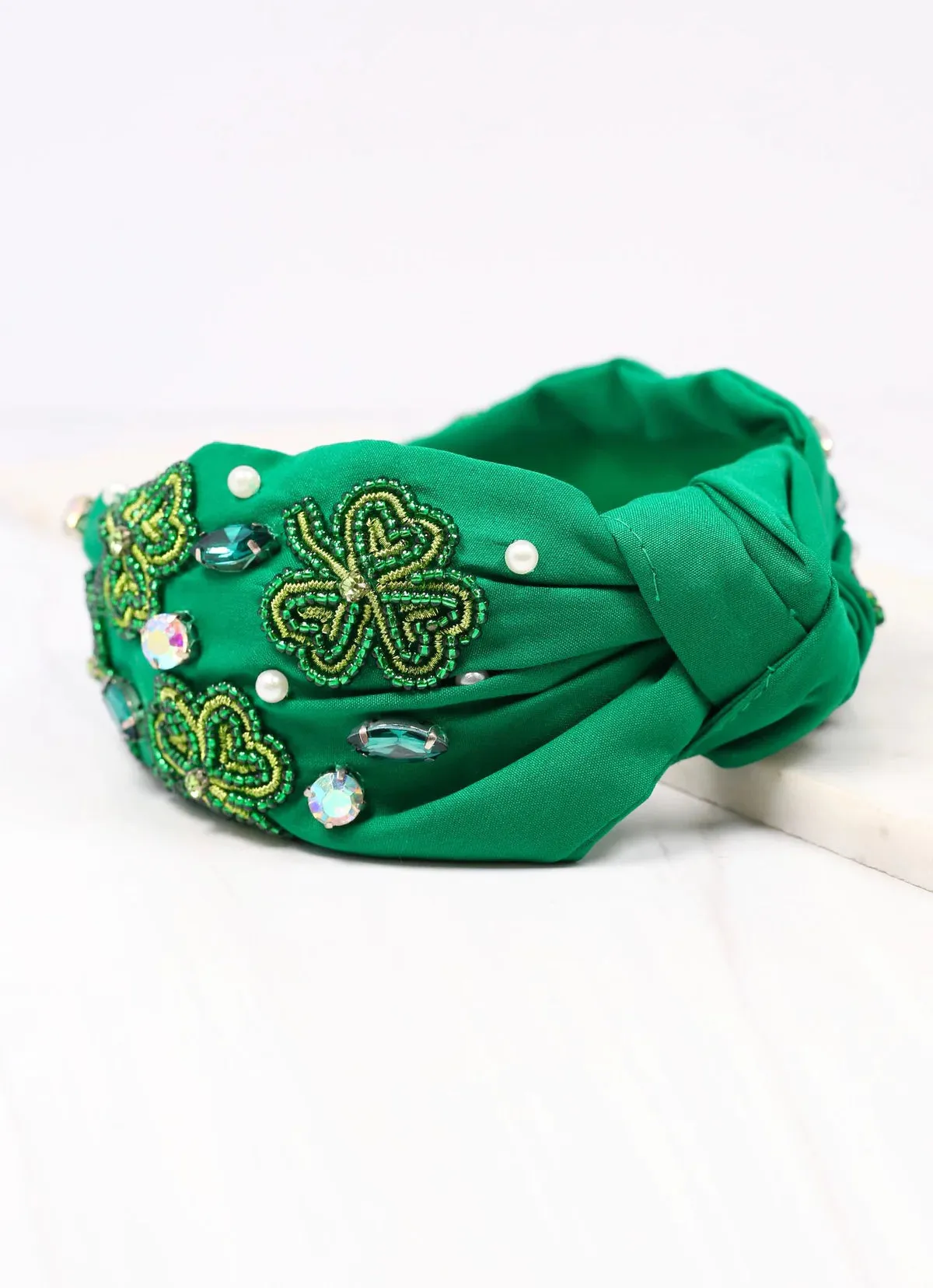 St Patrick's Day Clover & Bling Seed Bead Beaded Headband Green