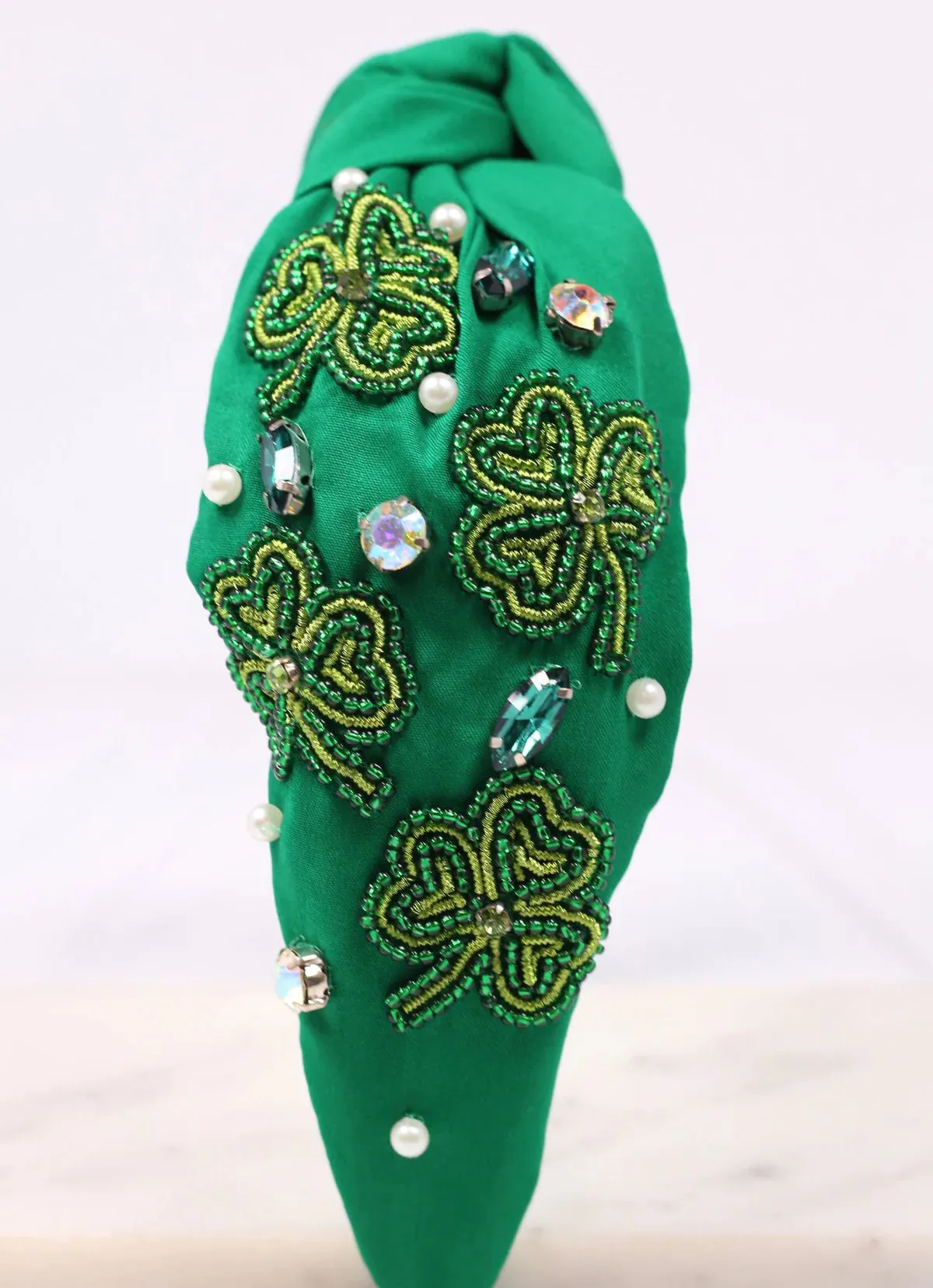 St Patrick's Day Clover & Bling Seed Bead Beaded Headband Green