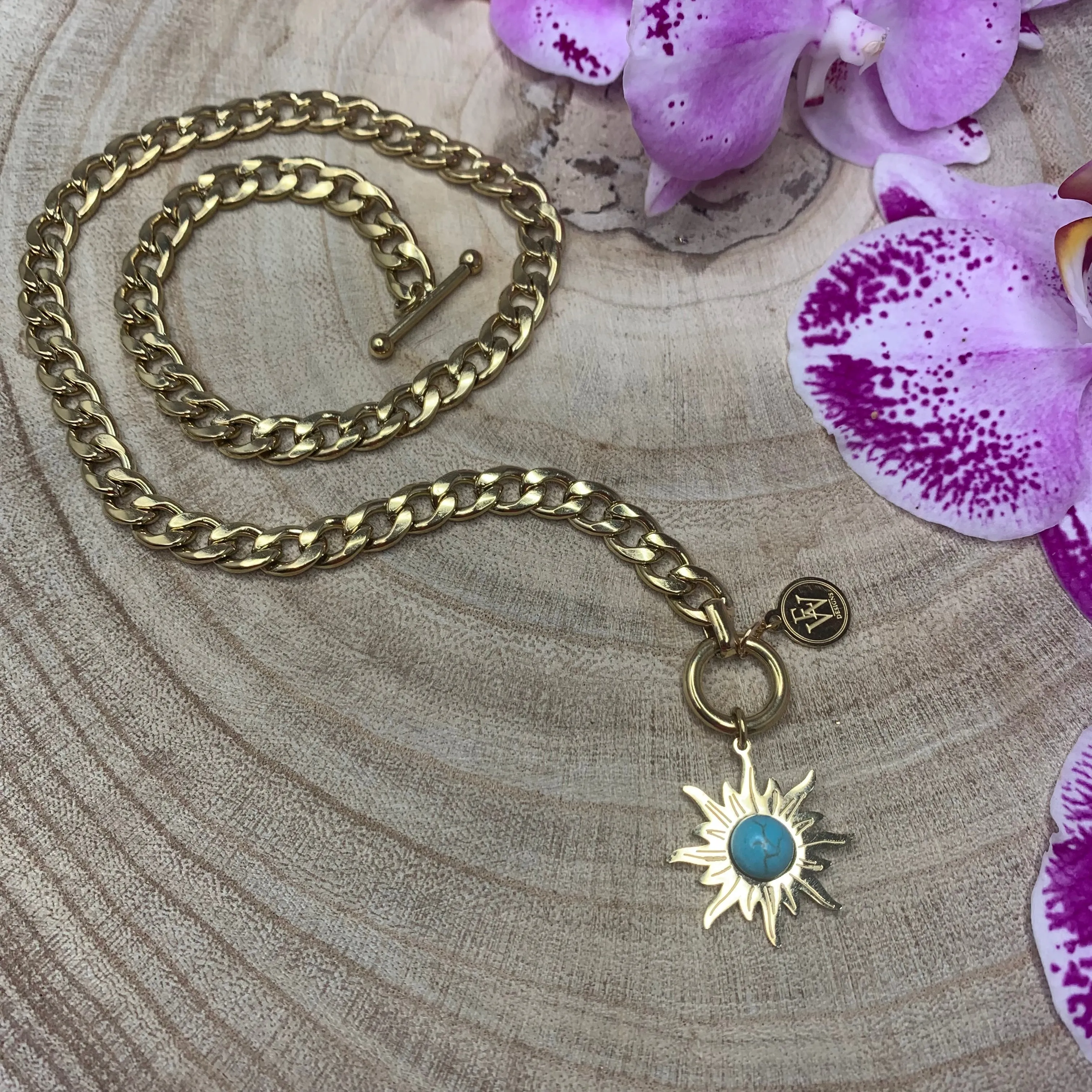 Stainless Chain Linxs with a Sun Shape Pendant 300-23 | Erika Williner Designs