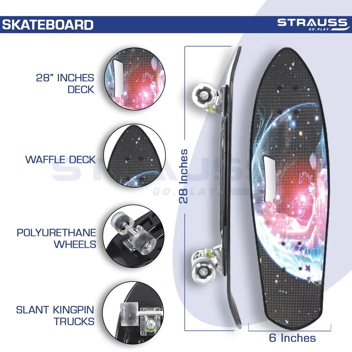 STRAUSS Cruiser Fishboard - Anti-Skid Penny Skateboard | Designed for All Skill Levels | 28 X 6 Inch | Scorpio Black