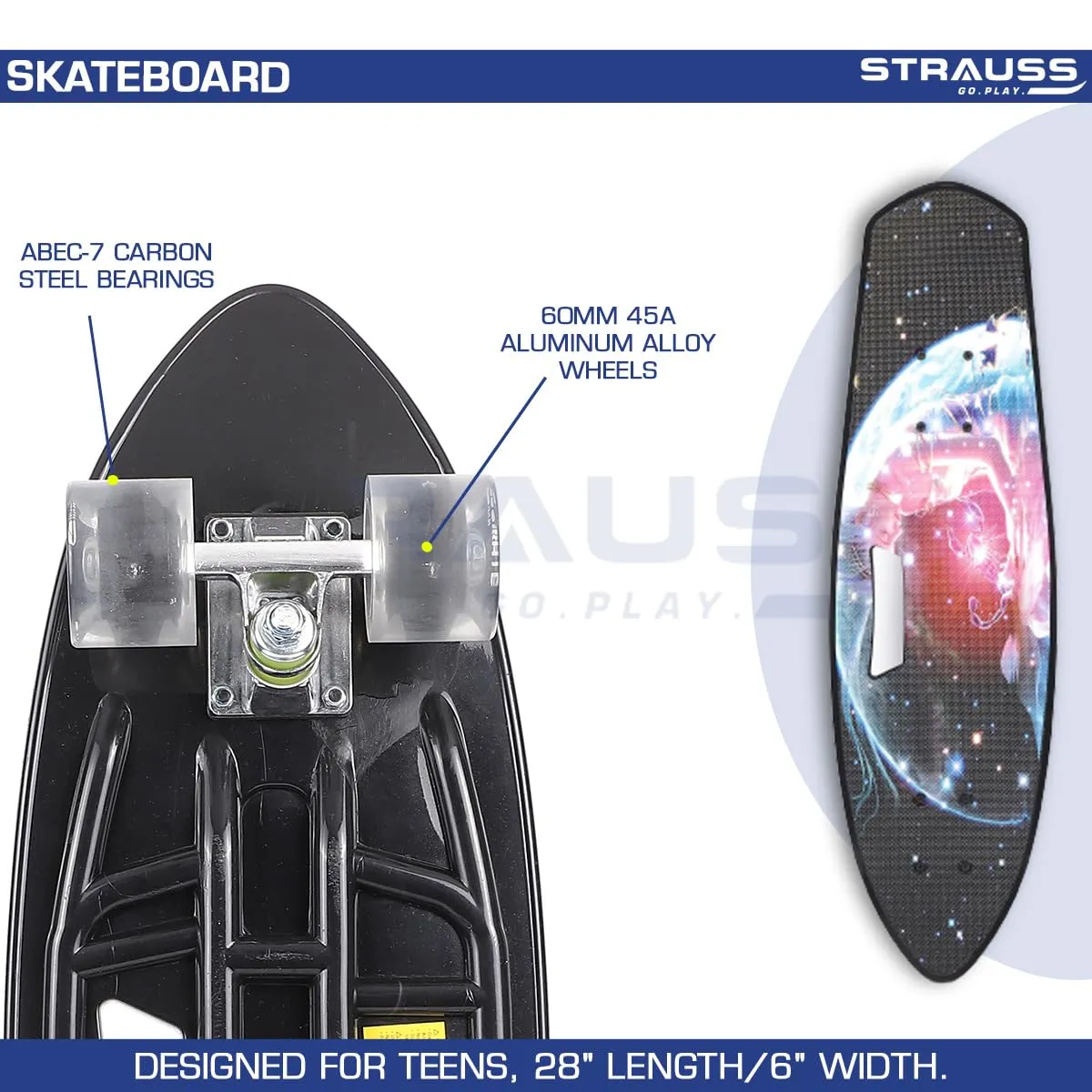 STRAUSS Cruiser Fishboard - Anti-Skid Penny Skateboard | Designed for All Skill Levels | 28 X 6 Inch | Scorpio Black