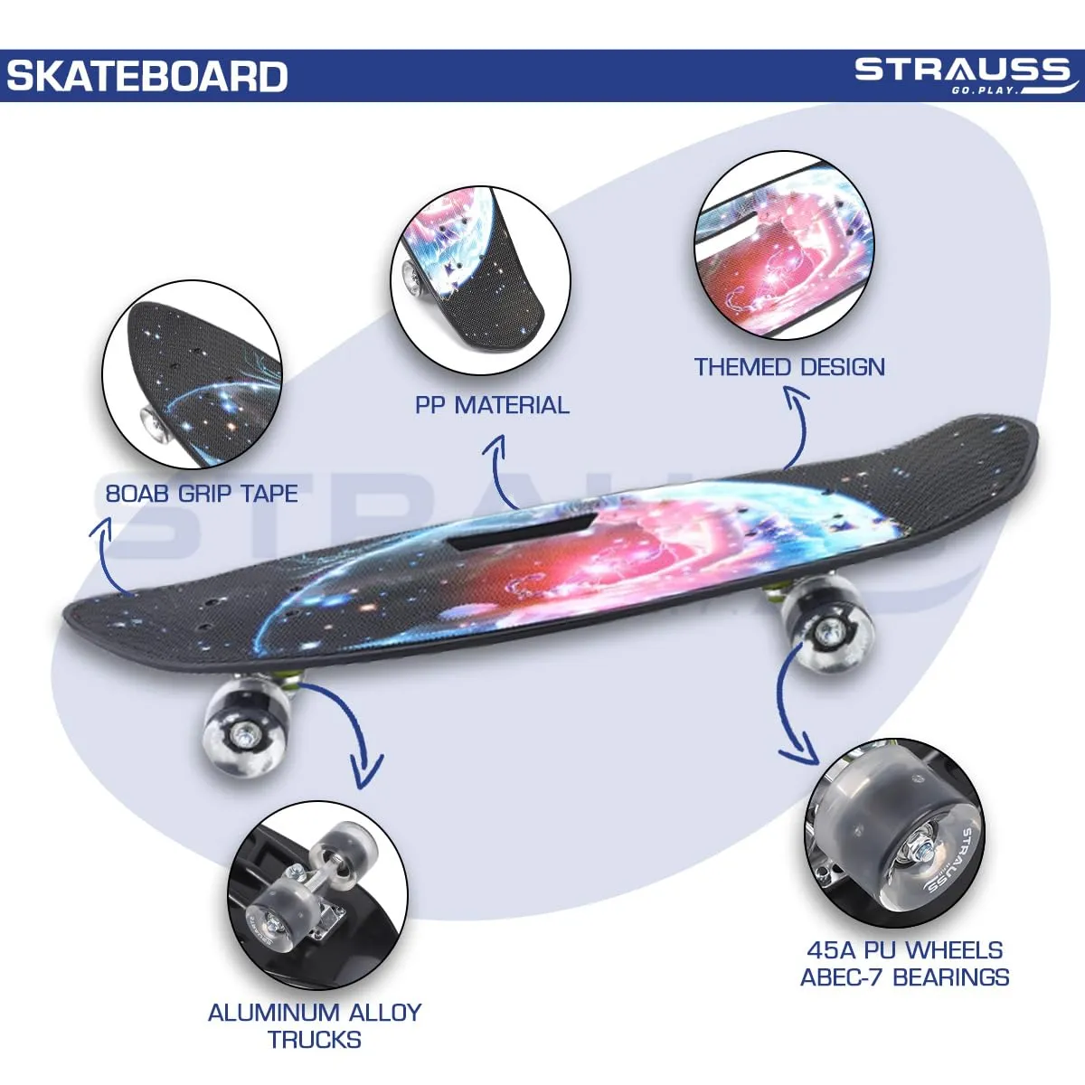 STRAUSS Cruiser Fishboard - Anti-Skid Penny Skateboard | Designed for All Skill Levels | 28 X 6 Inch | Scorpio Black