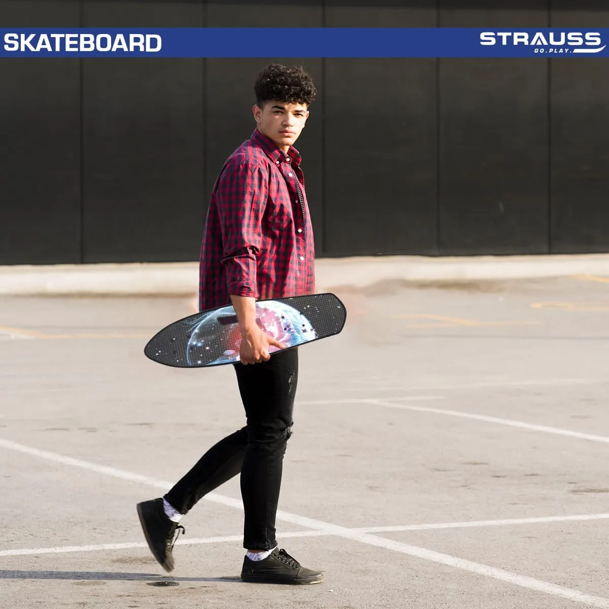 STRAUSS Cruiser Fishboard - Anti-Skid Penny Skateboard | Designed for All Skill Levels | 28 X 6 Inch | Scorpio Black