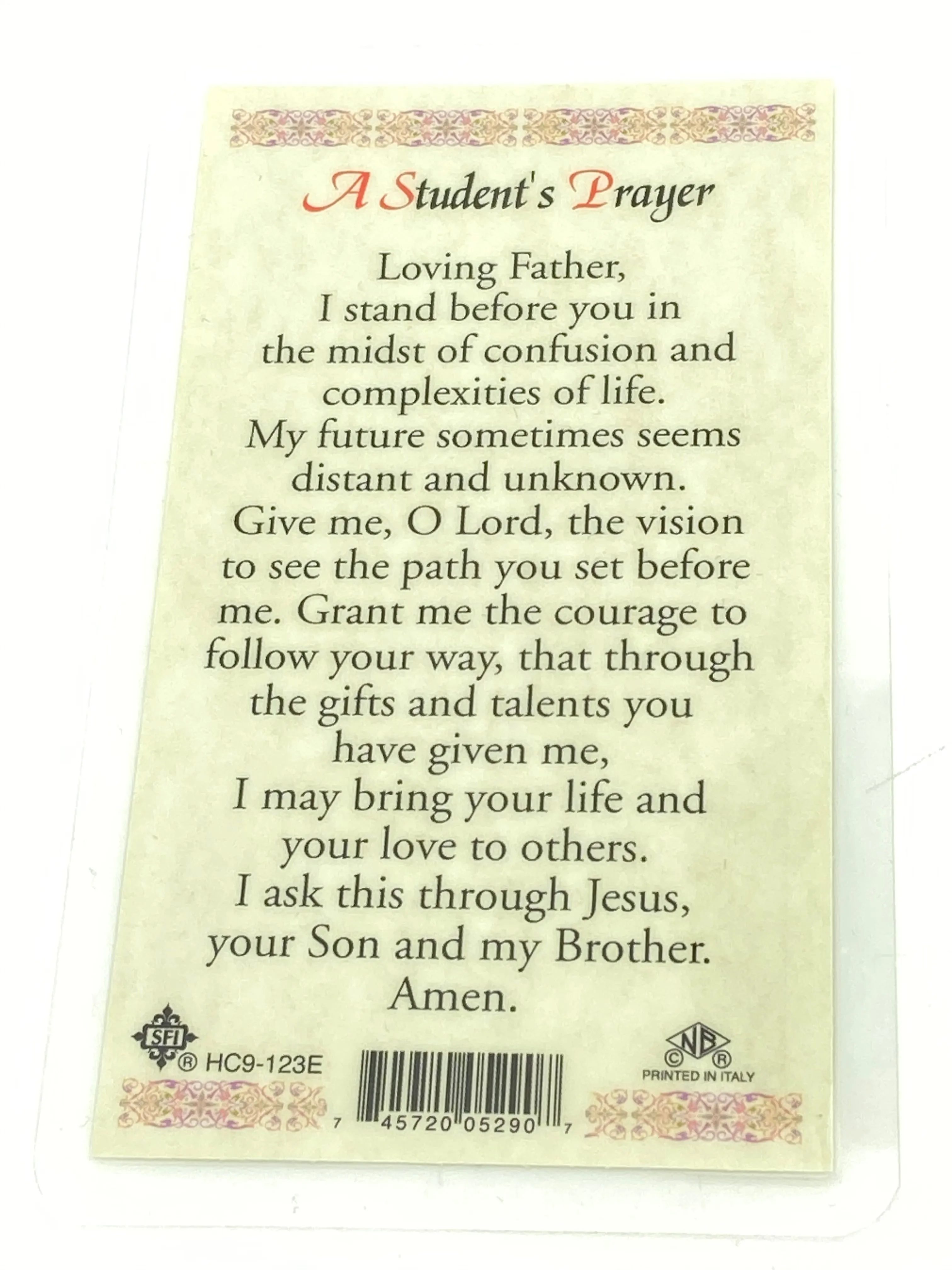 Student Prayer Laminated Holy Card (Plastic Covered)
