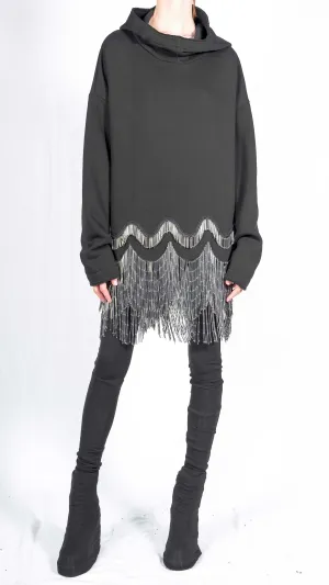 Sweatshirt Hoodie with Glass Beaded Fringe