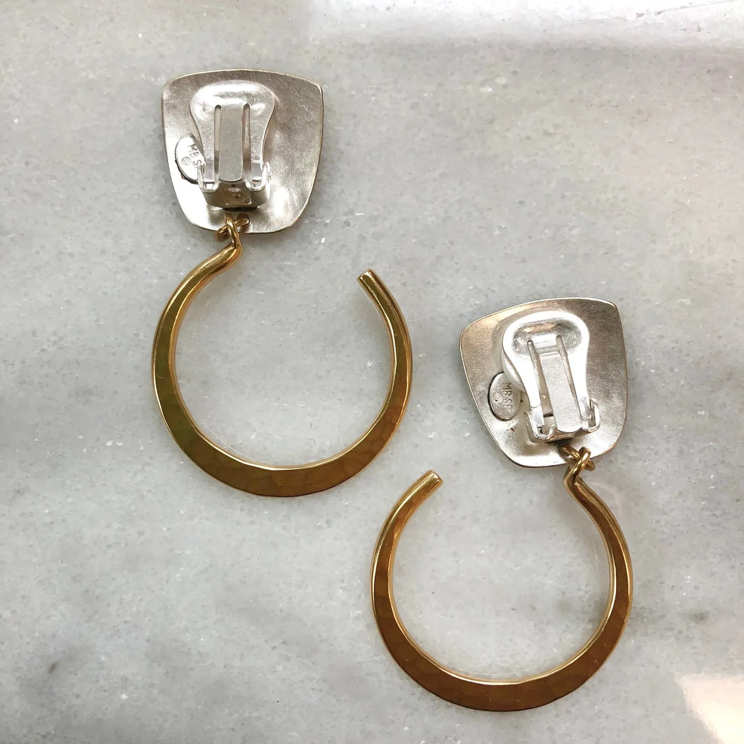 Tapered Square with Medium Hammered Hoop Clip or Post Earring