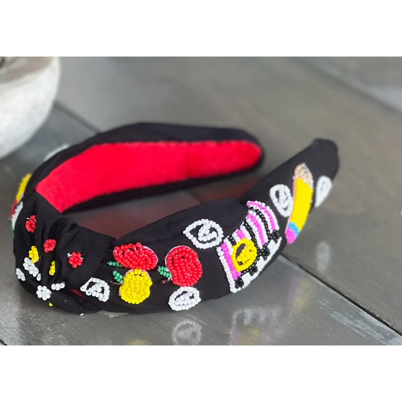 Teacher Apples and Pencils Seed Beaded Black Top Knot Headband OBX Prep Exclusive.