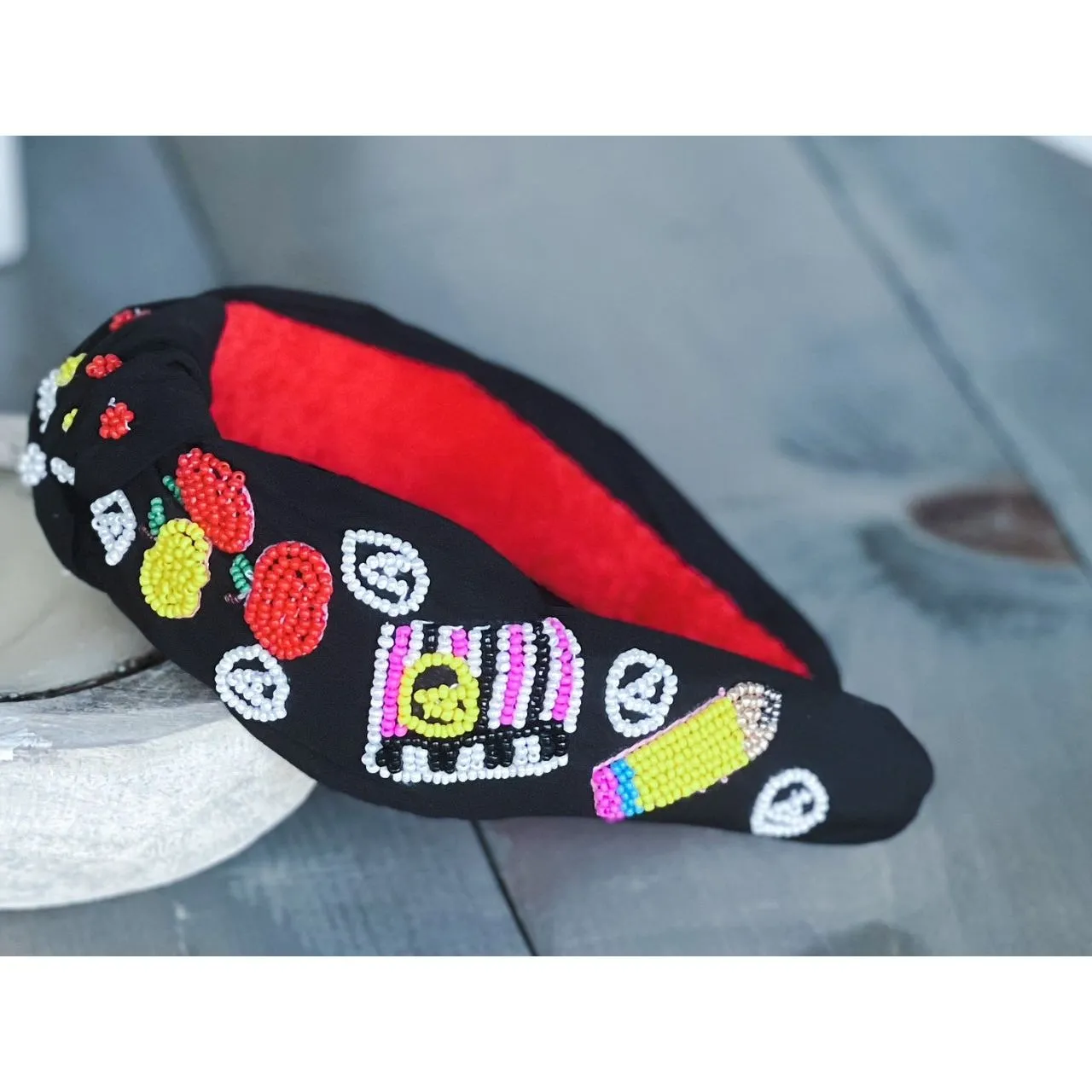 Teacher Apples and Pencils Seed Beaded Black Top Knot Headband OBX Prep Exclusive.