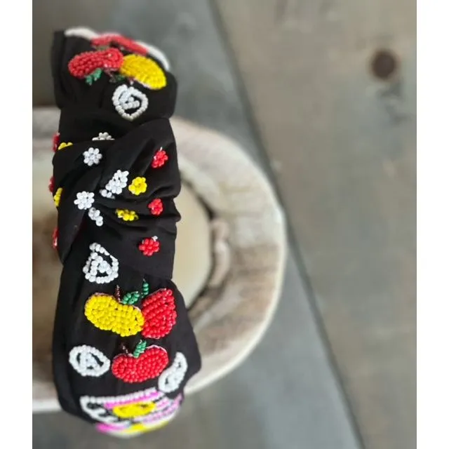 Teacher Apples and Pencils Seed Beaded Black Top Knot Headband OBX Prep Exclusive.