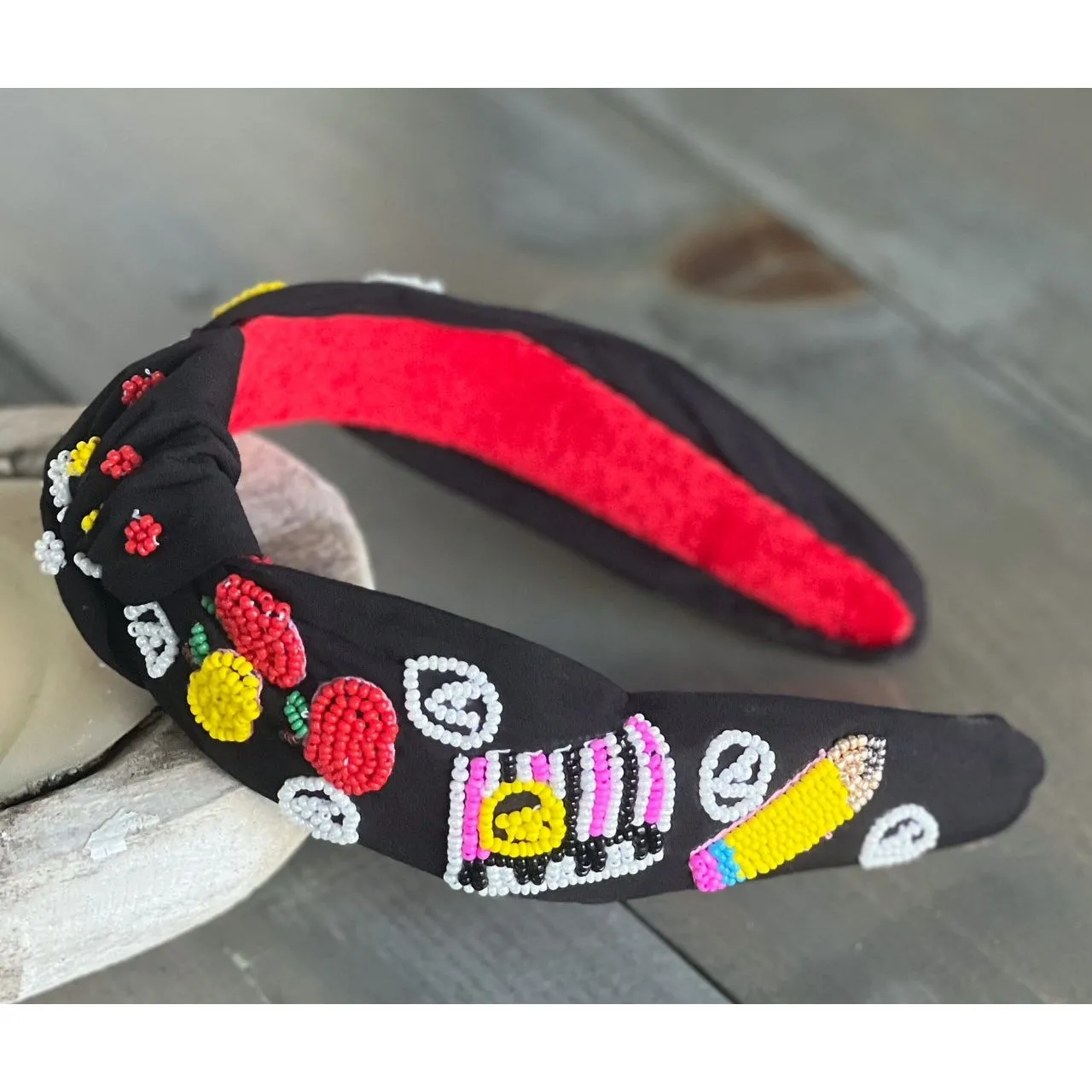 Teacher Apples and Pencils Seed Beaded Black Top Knot Headband OBX Prep Exclusive.