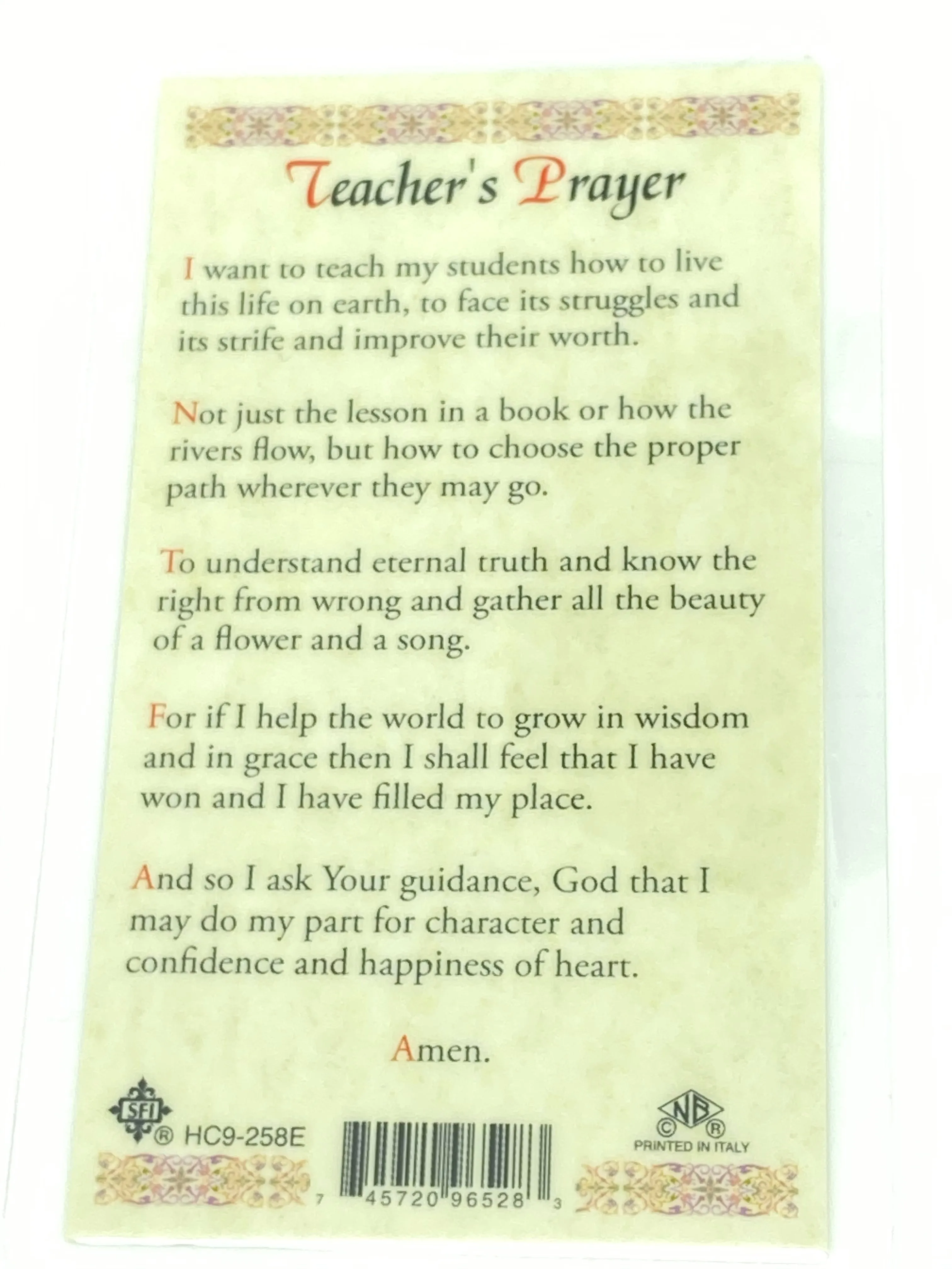 Teacher's Prayer Laminated Holy Card (Plastic Covered)