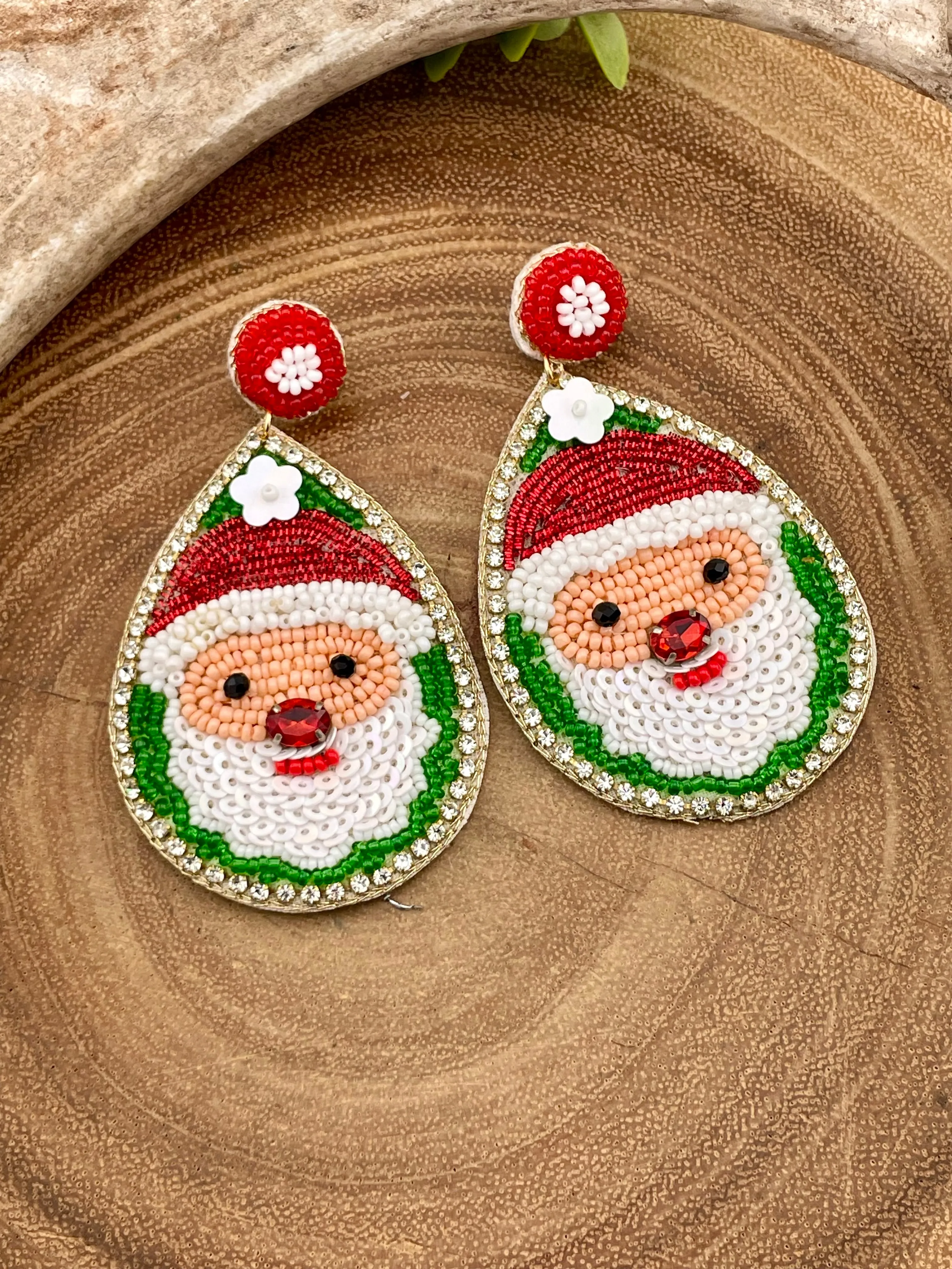 Teardrop Beaded Santa Earrings With Rhinestone Detail