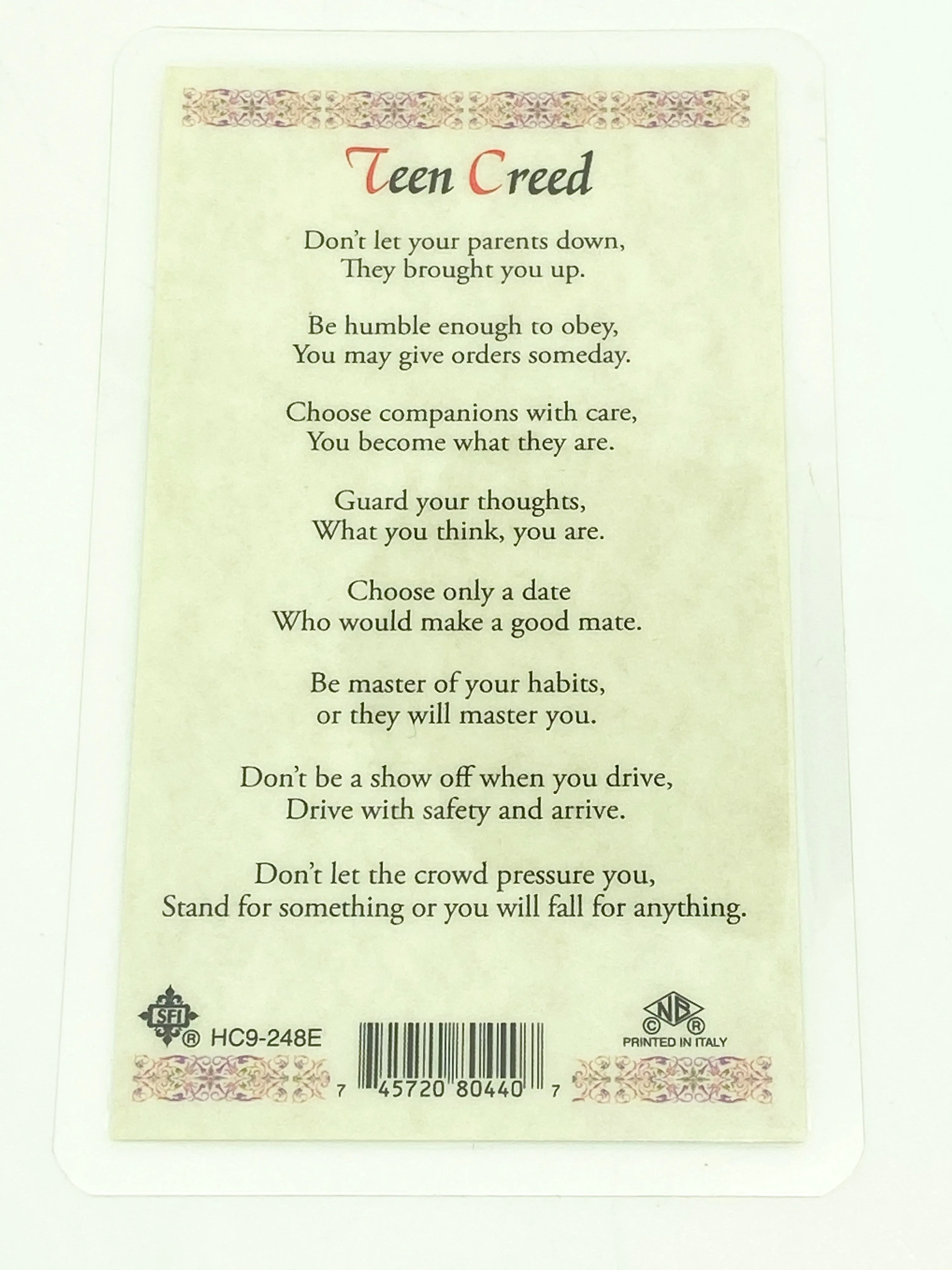 Teen Creed Laminated Holy Card (Plastic Covered)
