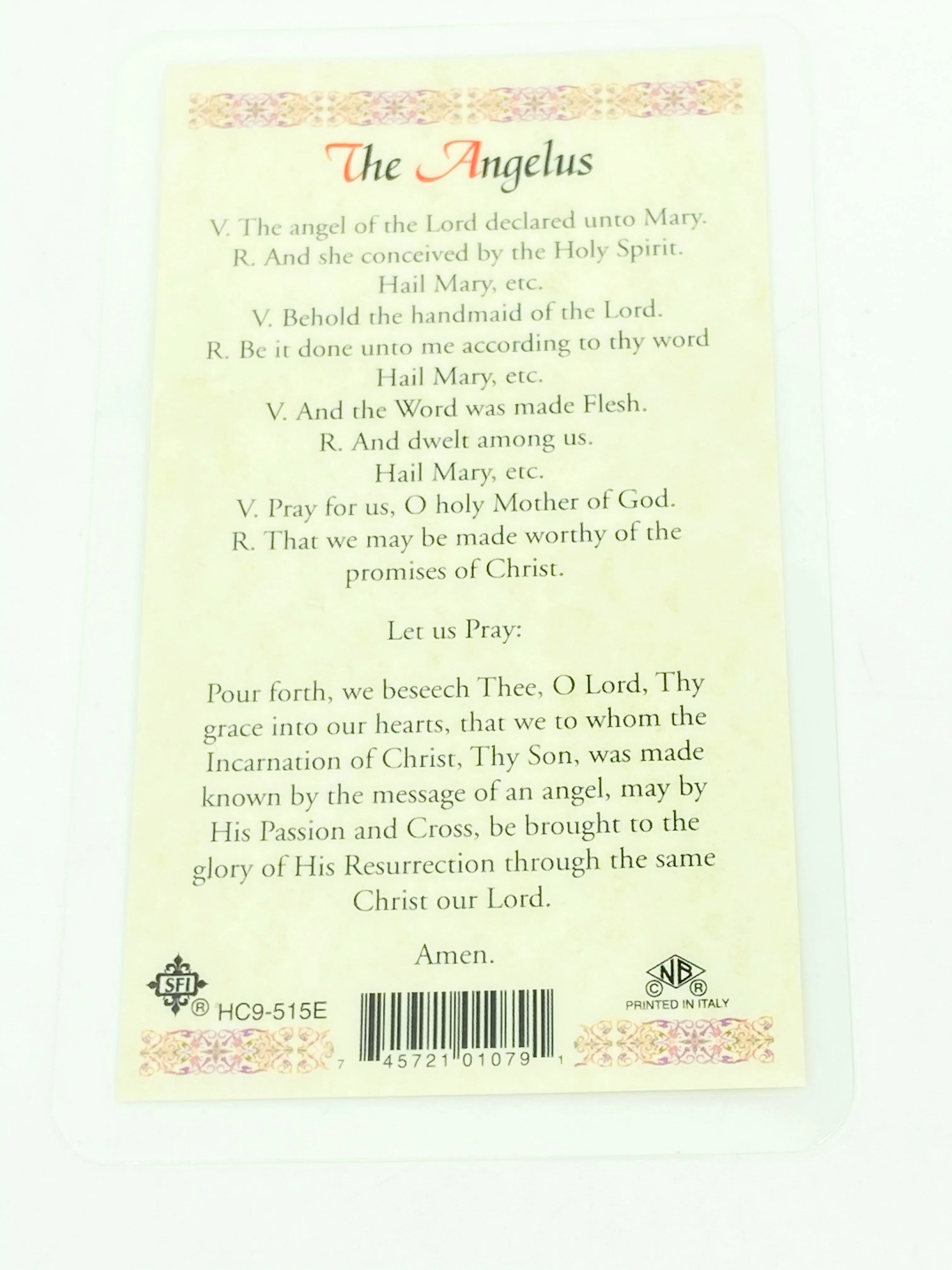 The Angelus Prayer Laminated Holy Card (Plastic Covered)