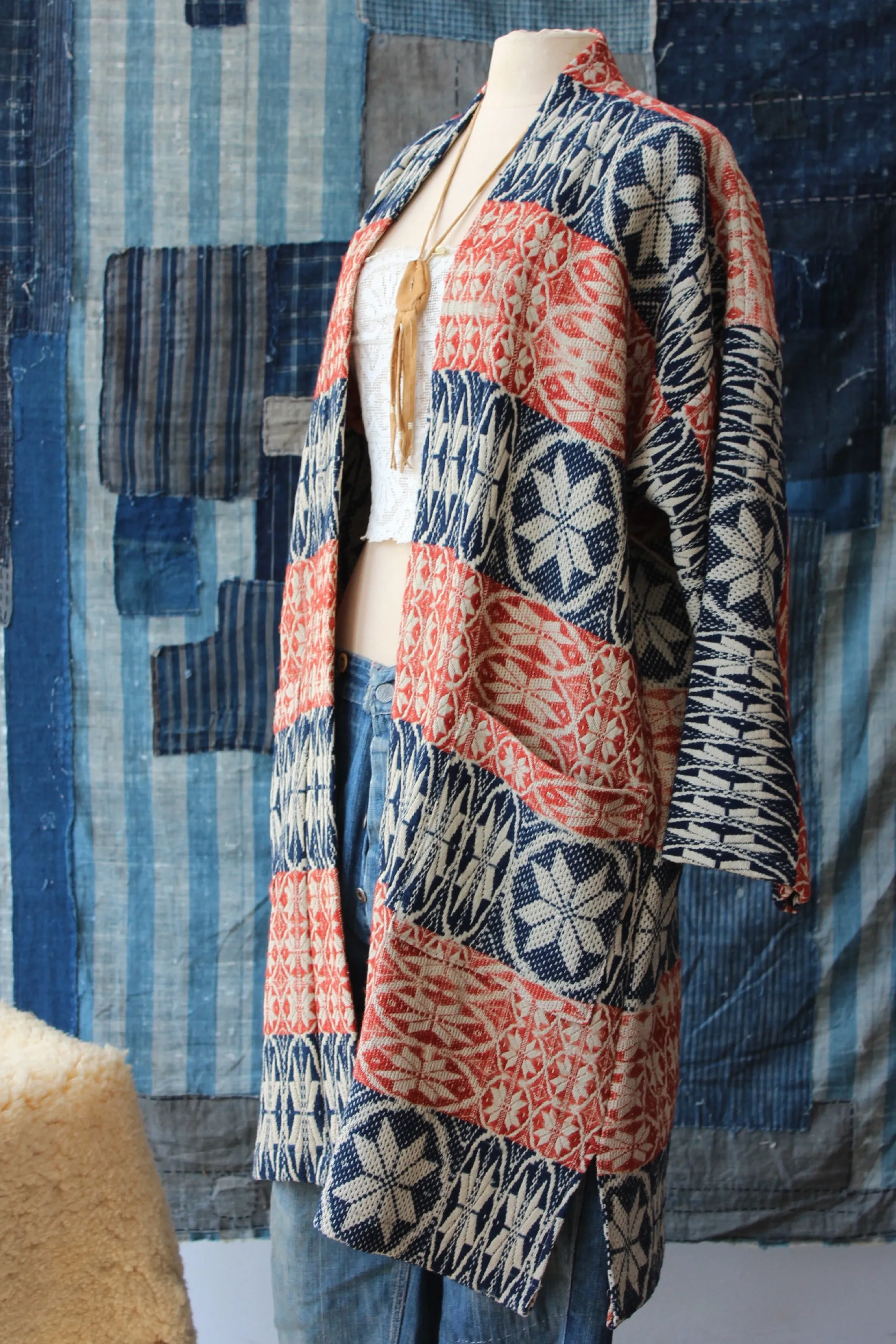 The Highlands Foundry Indigo   Red Overshot Coverlet Duster THF135