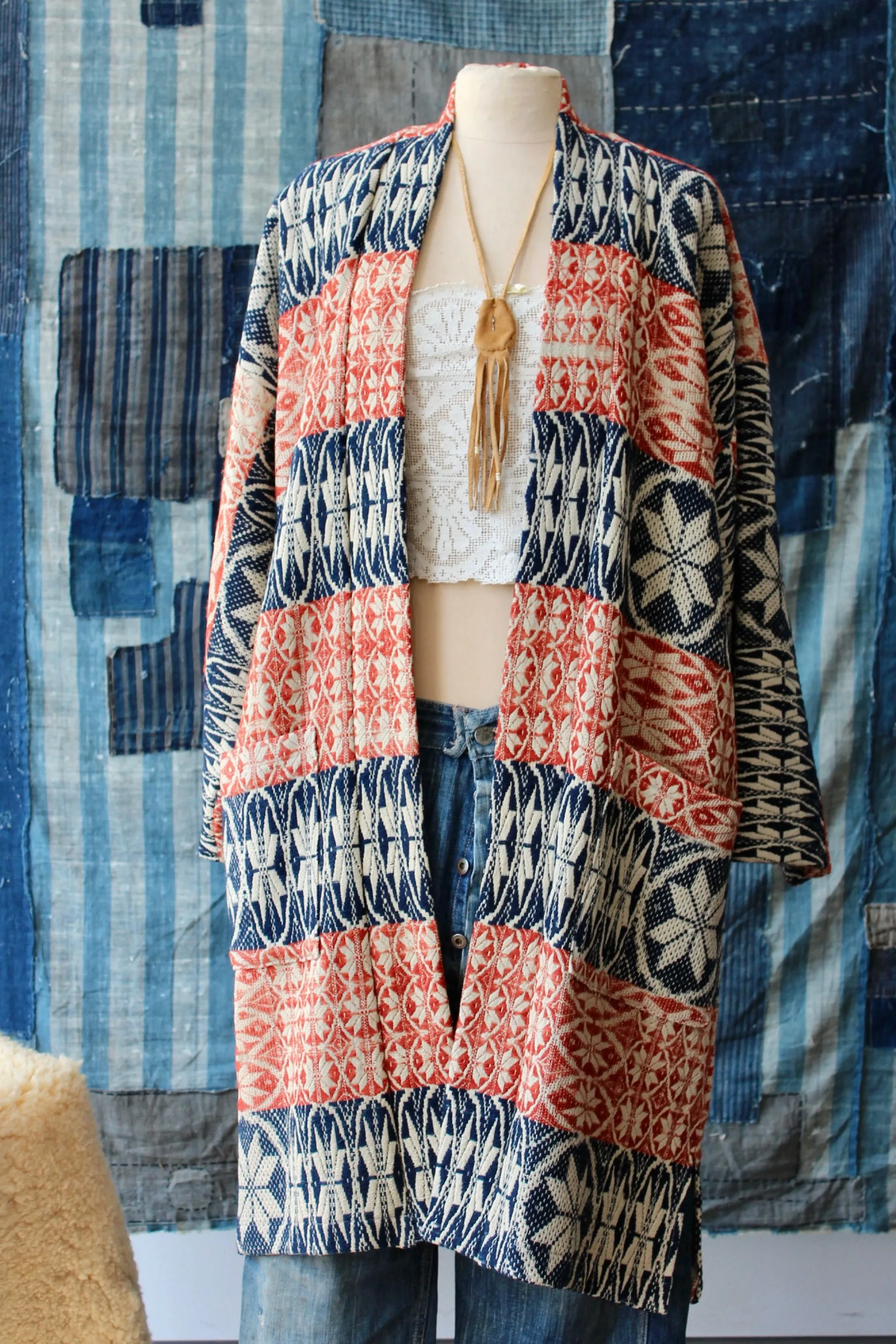 The Highlands Foundry Indigo   Red Overshot Coverlet Duster THF135