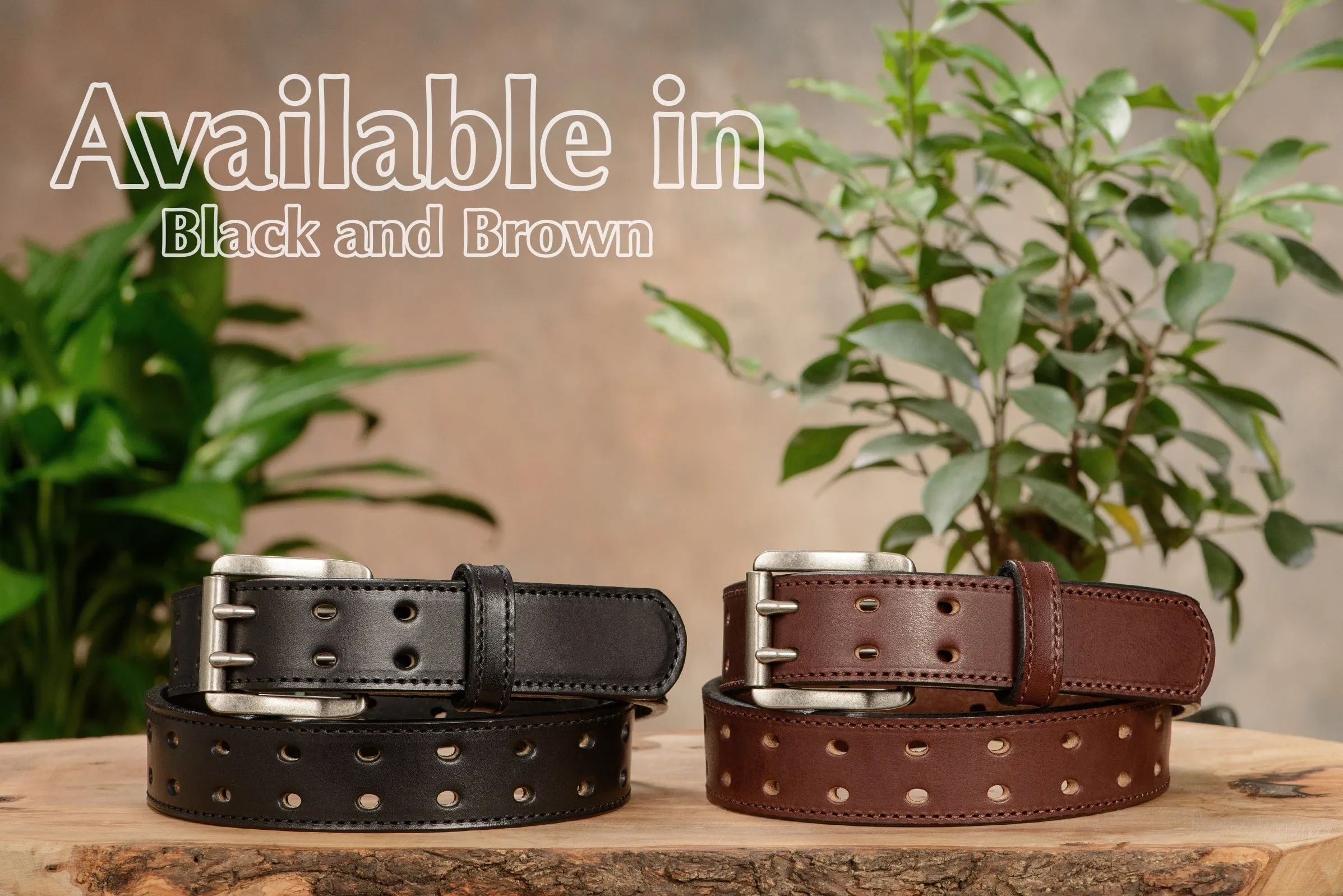 The Holey Bull: Men's Black Stitched Double Prong Leather Belt Max Thick 1.50"
