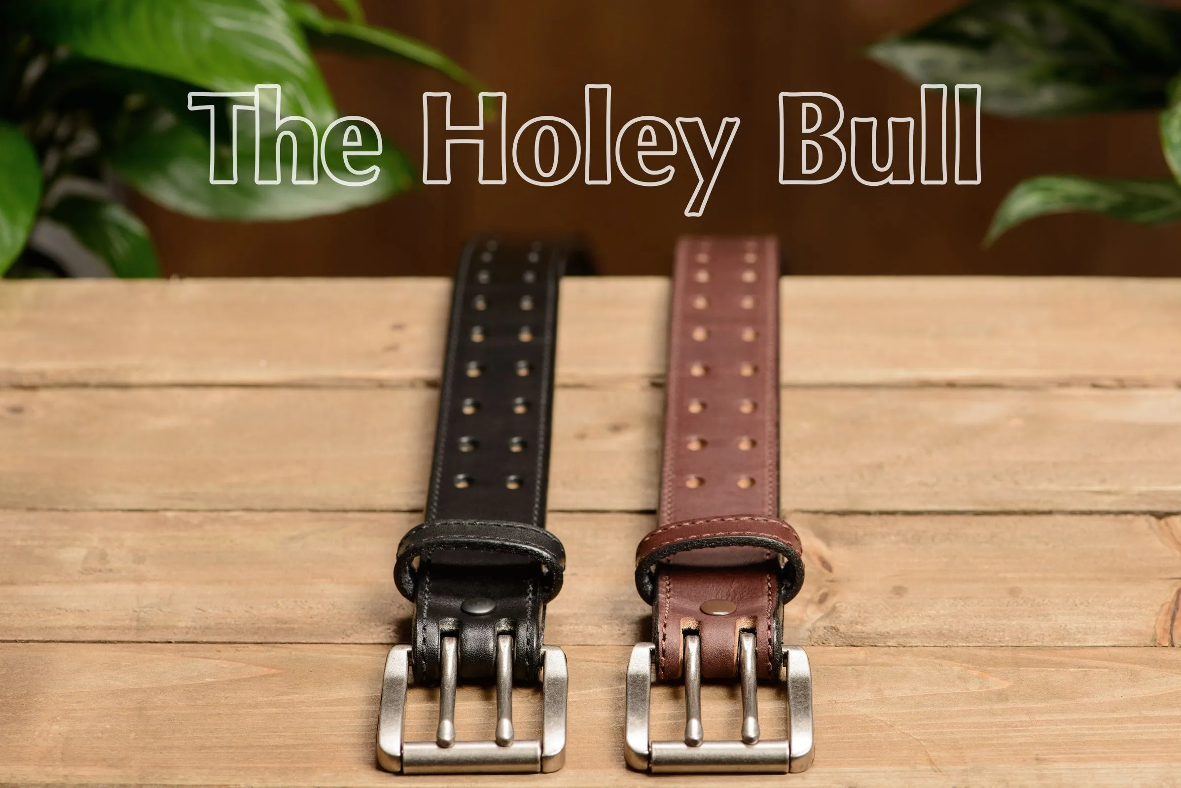The Holey Bull: Men's Black Stitched Double Prong Leather Belt Max Thick 1.50"