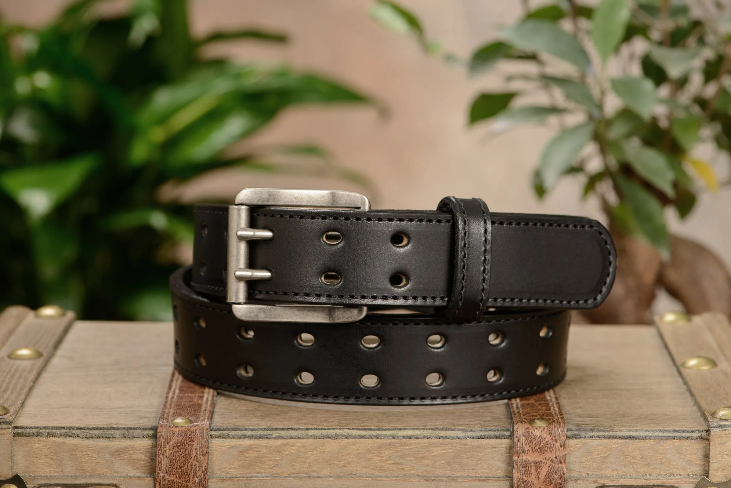 The Holey Bull: Men's Black Stitched Double Prong Leather Belt Max Thick 1.50"