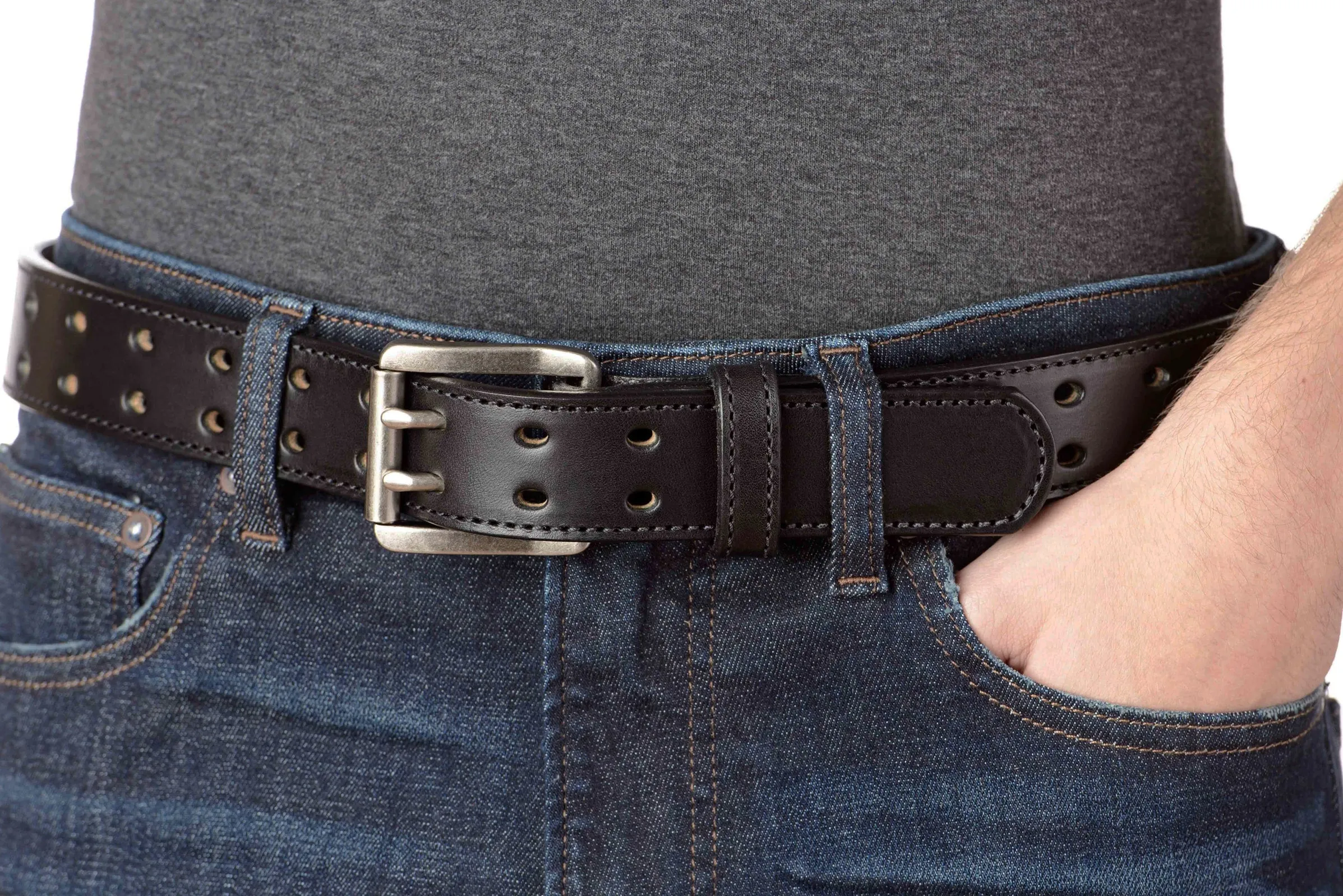 The Holey Bull: Men's Black Stitched Double Prong Leather Belt Max Thick 1.50"
