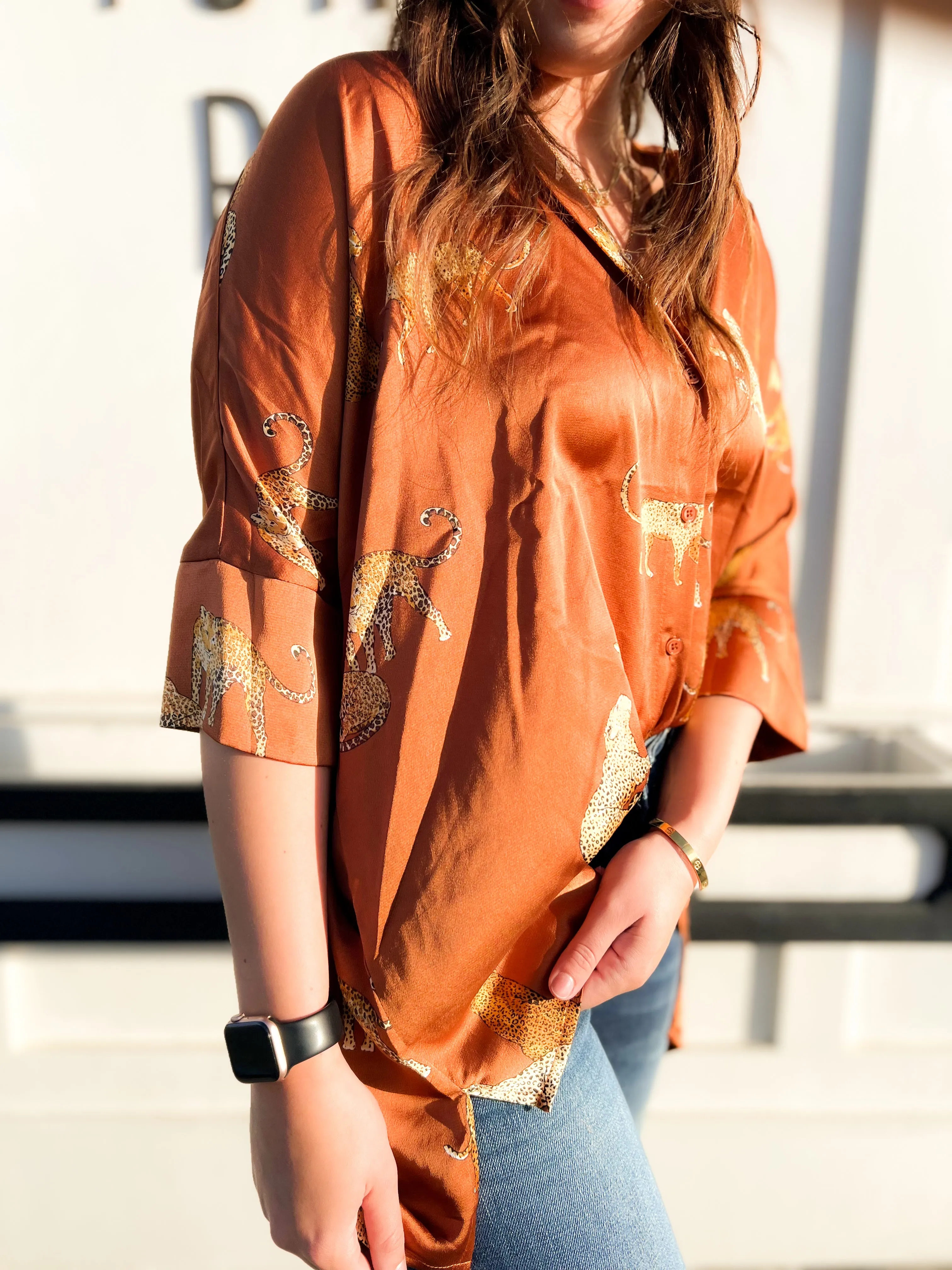 The Leo Button Down Satin Blouse- Sienna
