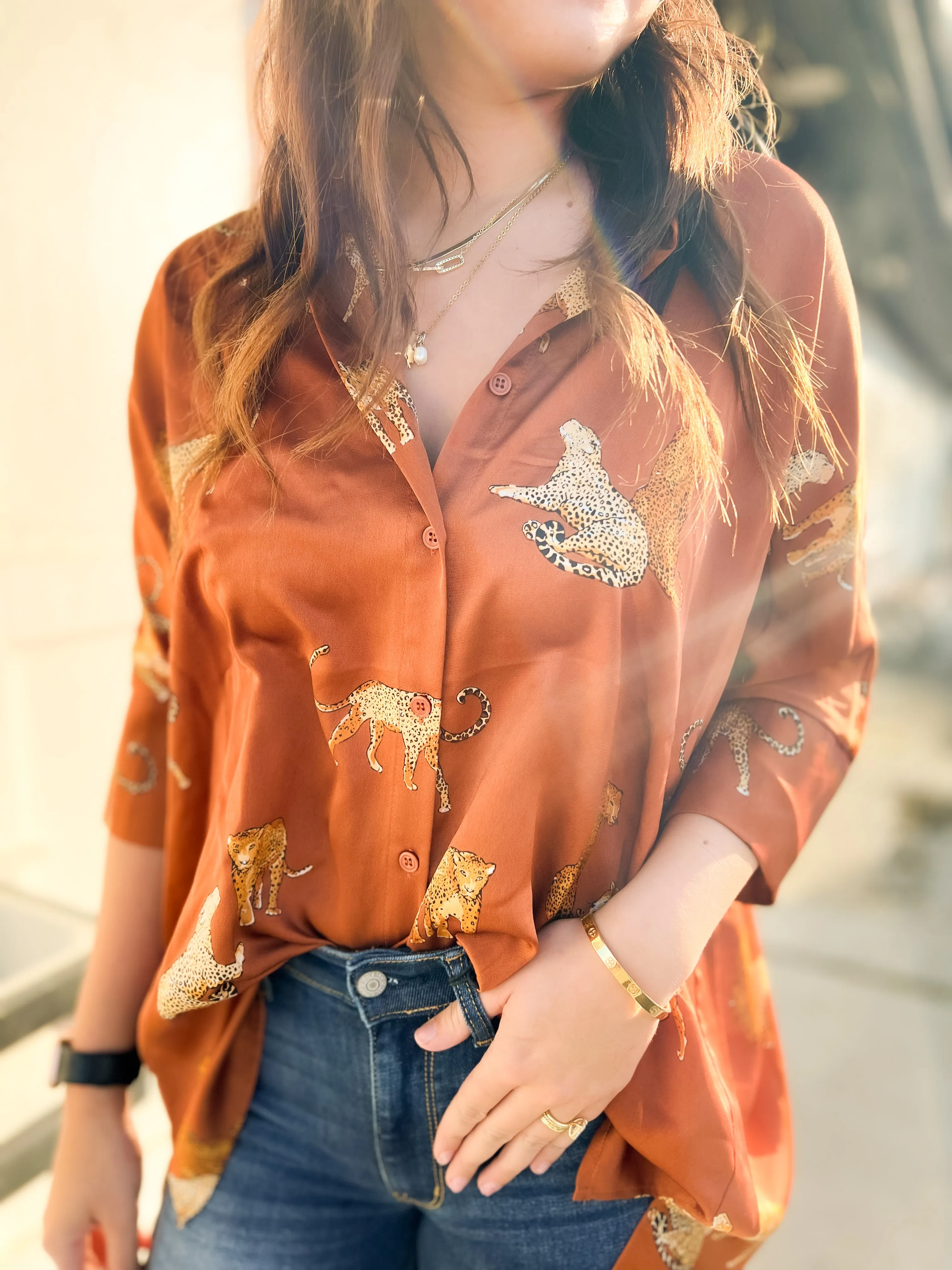 The Leo Button Down Satin Blouse- Sienna