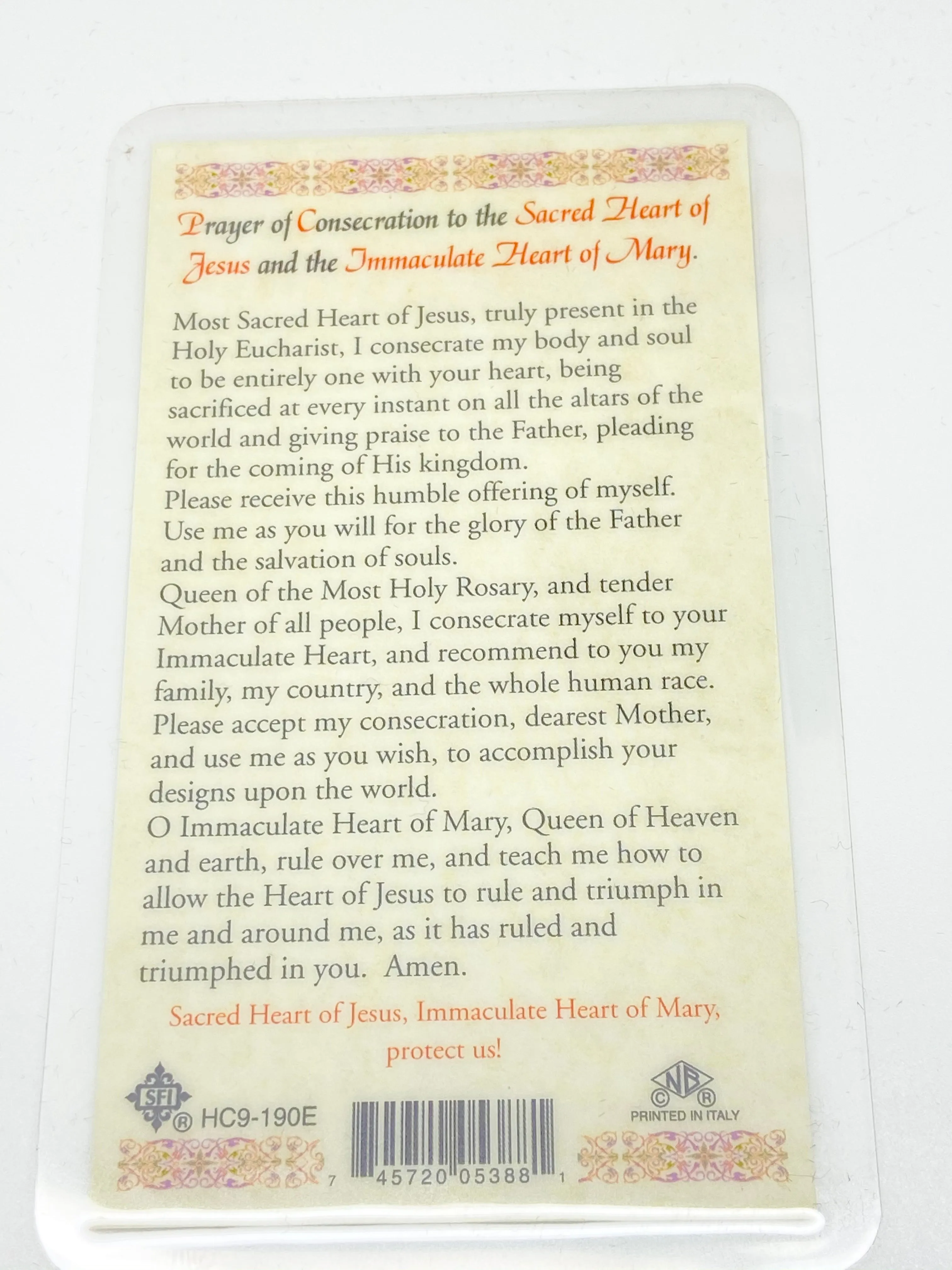 The Sacred Hearts Laminated Holy Card (Plastic Covered)