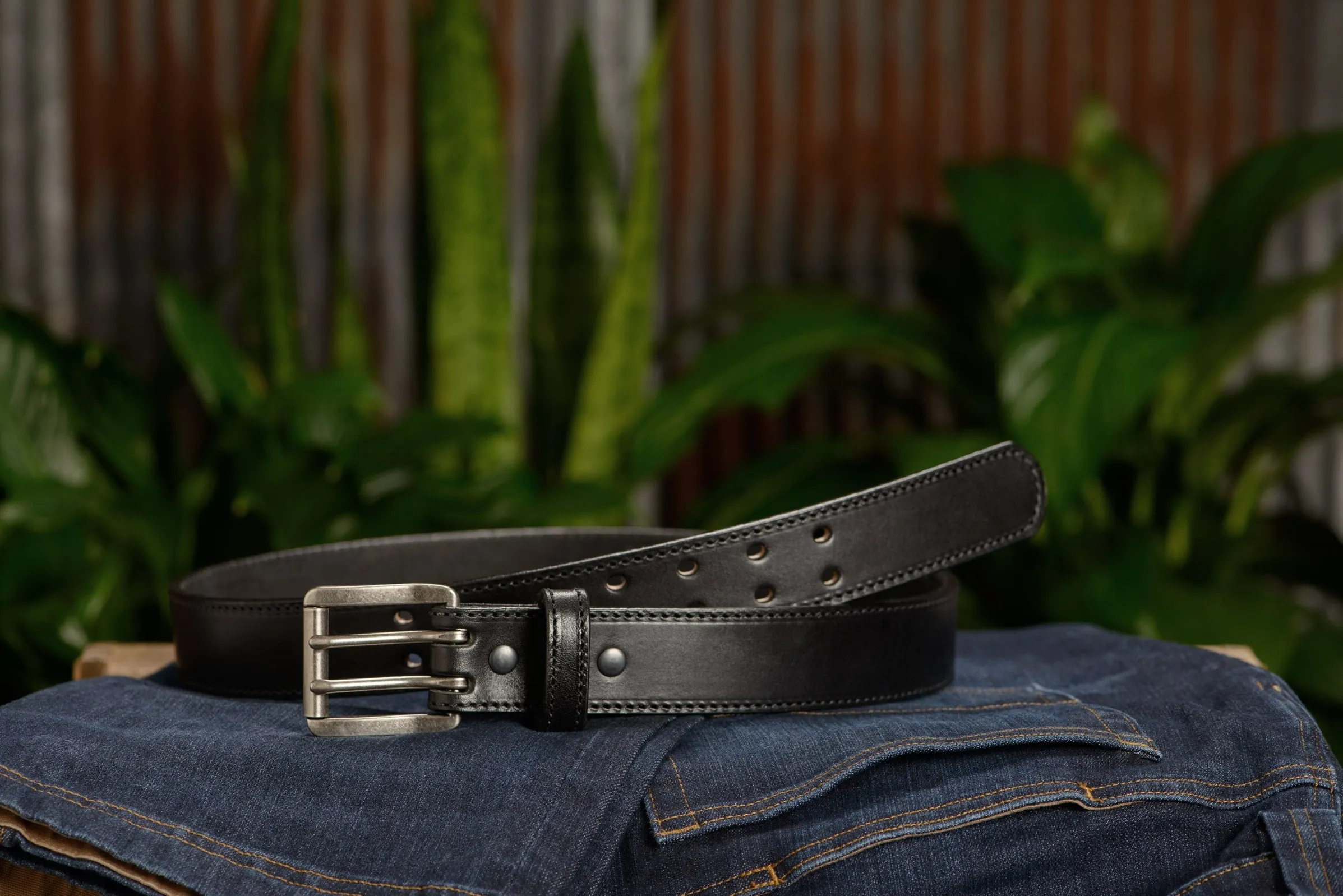 The Viper: Men's Black Stitched Leather Belt With Double Prong Nickel Buckle - 1.50" Max