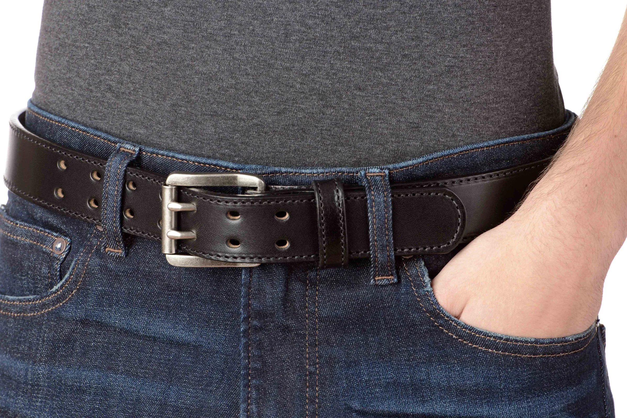 The Viper: Men's Black Stitched Leather Belt With Double Prong Nickel Buckle - 1.50" Max