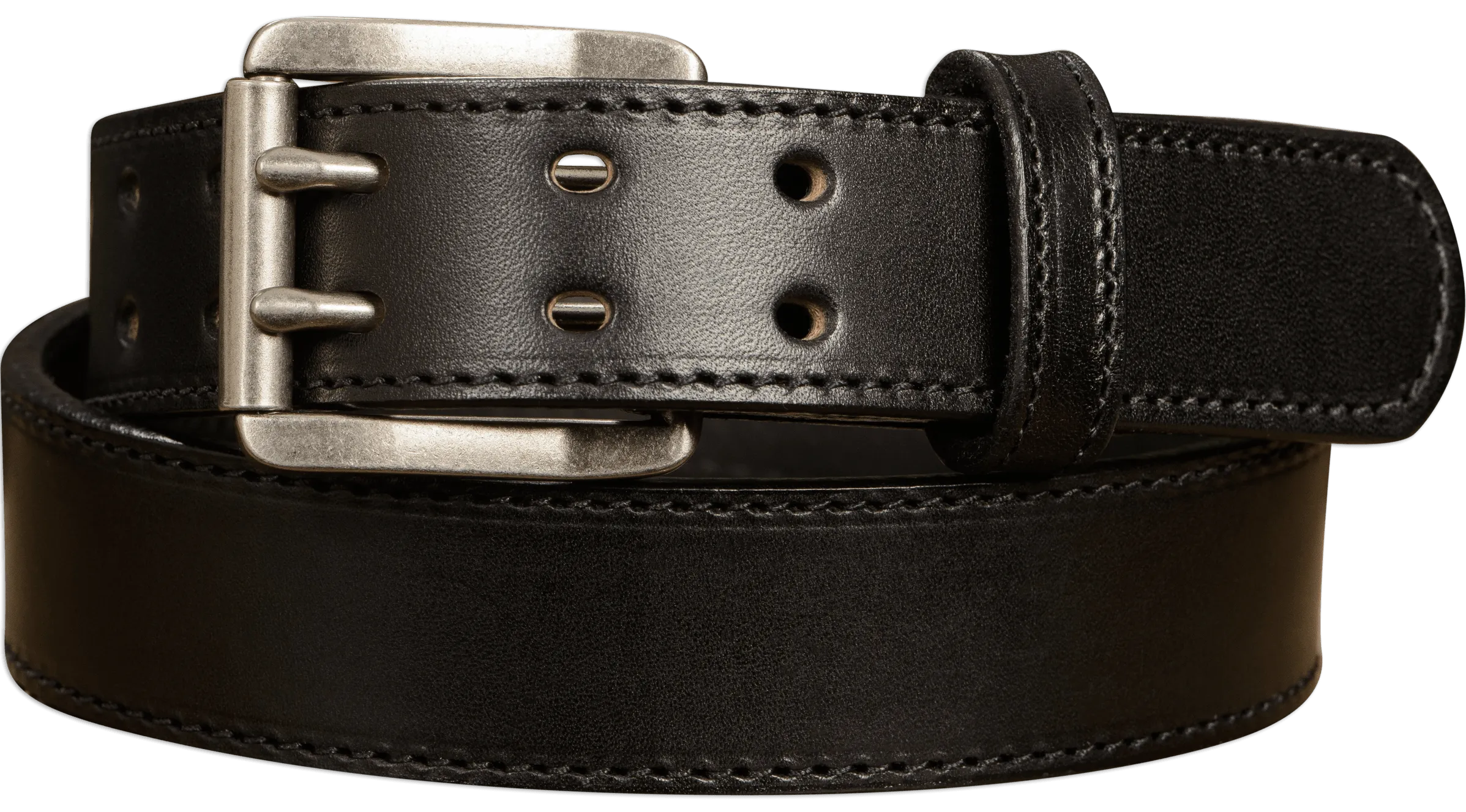 The Viper: Men's Black Stitched Leather Belt With Double Prong Nickel Buckle - 1.50" Max
