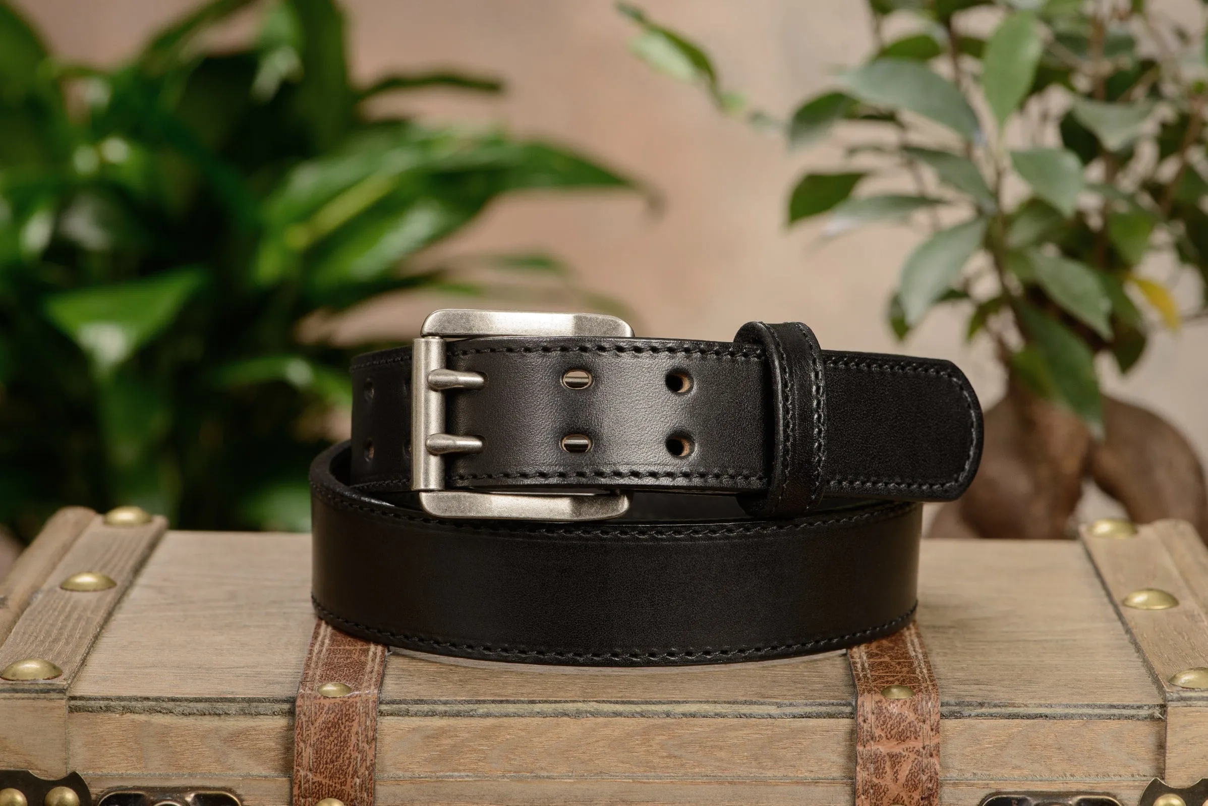 The Viper: Men's Black Stitched Leather Belt With Double Prong Nickel Buckle - 1.50" Max