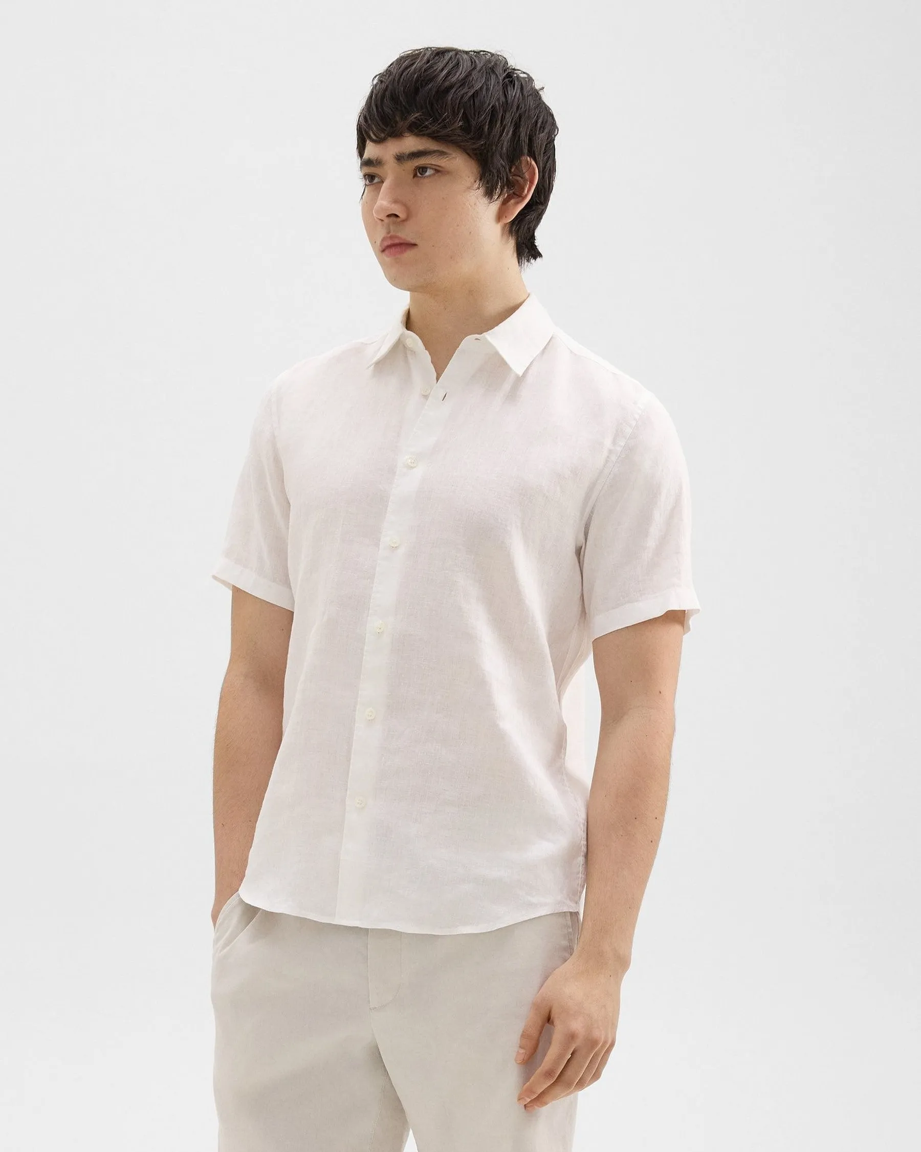Theory Irving Short Sleeve Shirt in Relaxed Linen - White