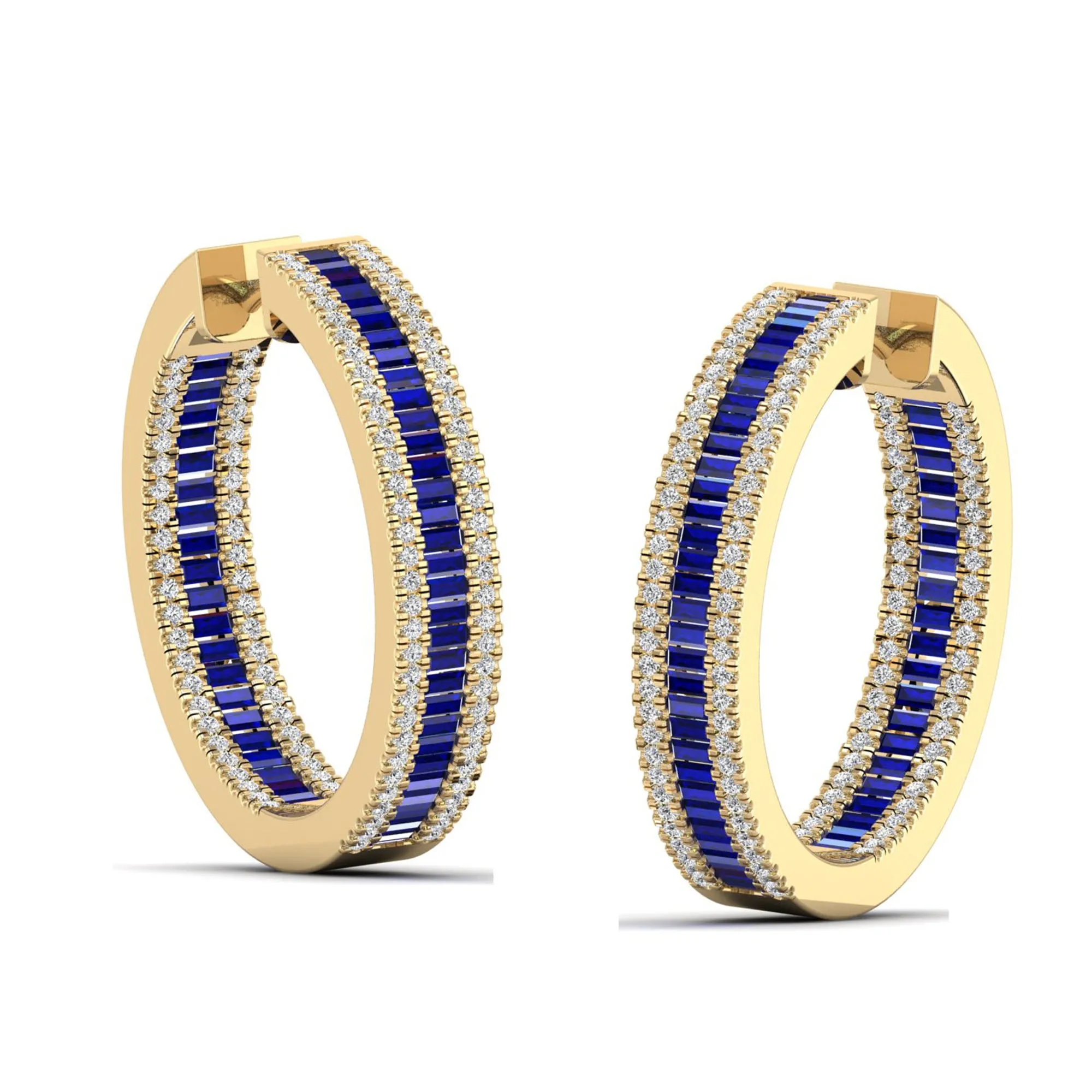 Three Row Channel Set Baguette Sapphire and Diamond Hoop Earrings